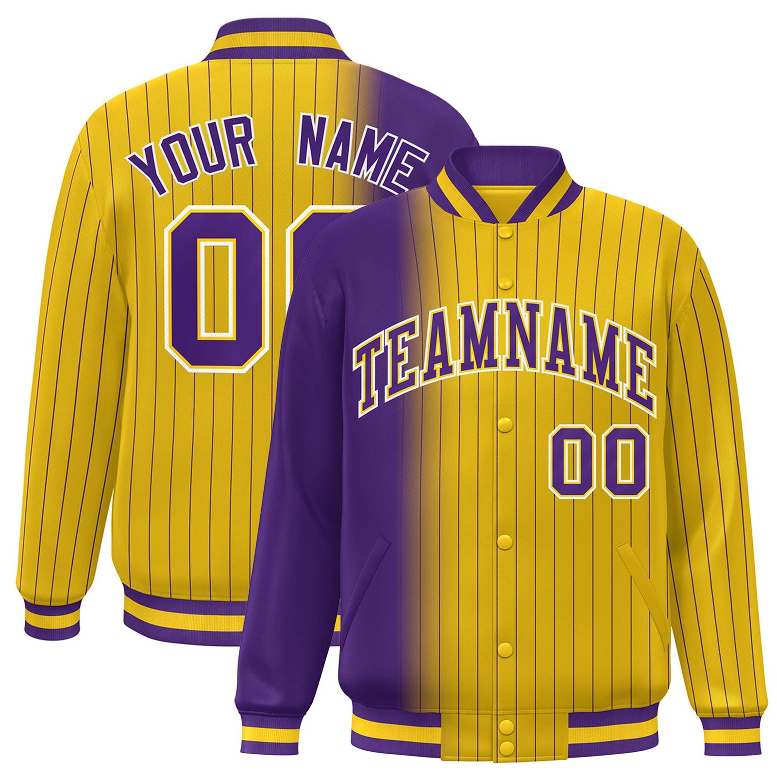 Custom Gold Purple Pinstripe White-Purple Gradient Fashion Varsity Full-Snap Jacket