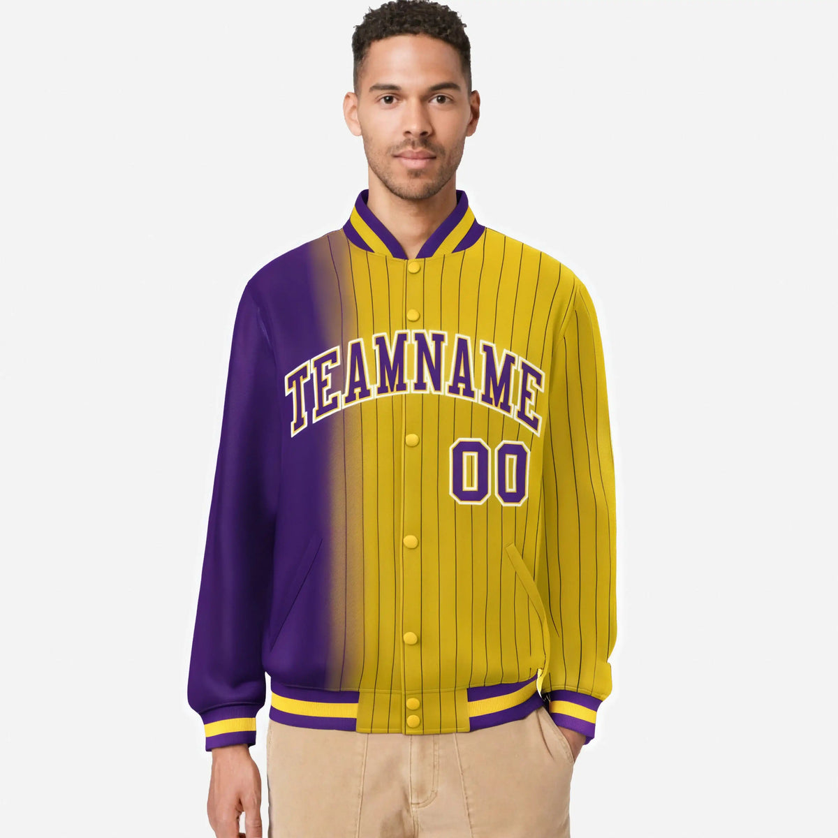 Custom Gold Purple Pinstripe White-Purple Gradient Fashion Varsity Full-Snap Jacket