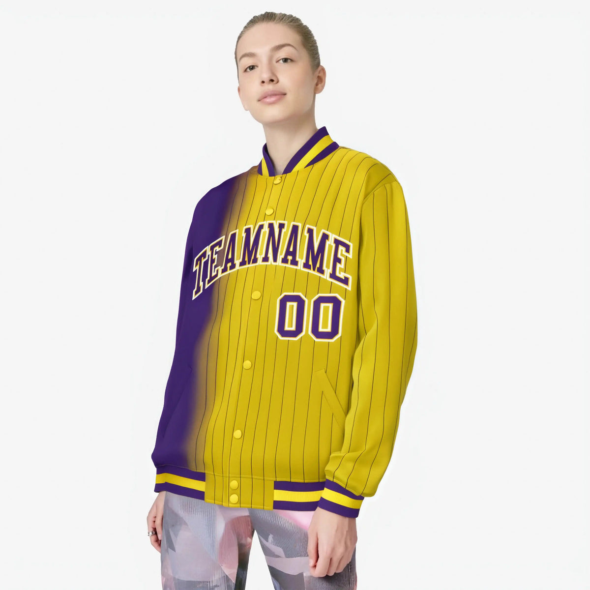 Custom Gold Purple Pinstripe White-Purple Gradient Fashion Varsity Full-Snap Jacket