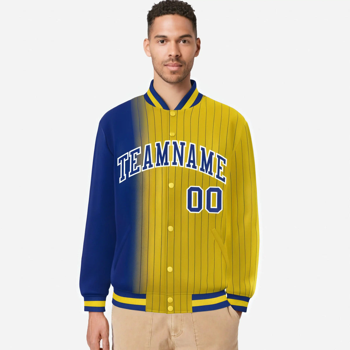 Custom Gold Royal-Blue Pinstripe White-Royal Blue Gradient Fashion Varsity Full-Snap Jacket