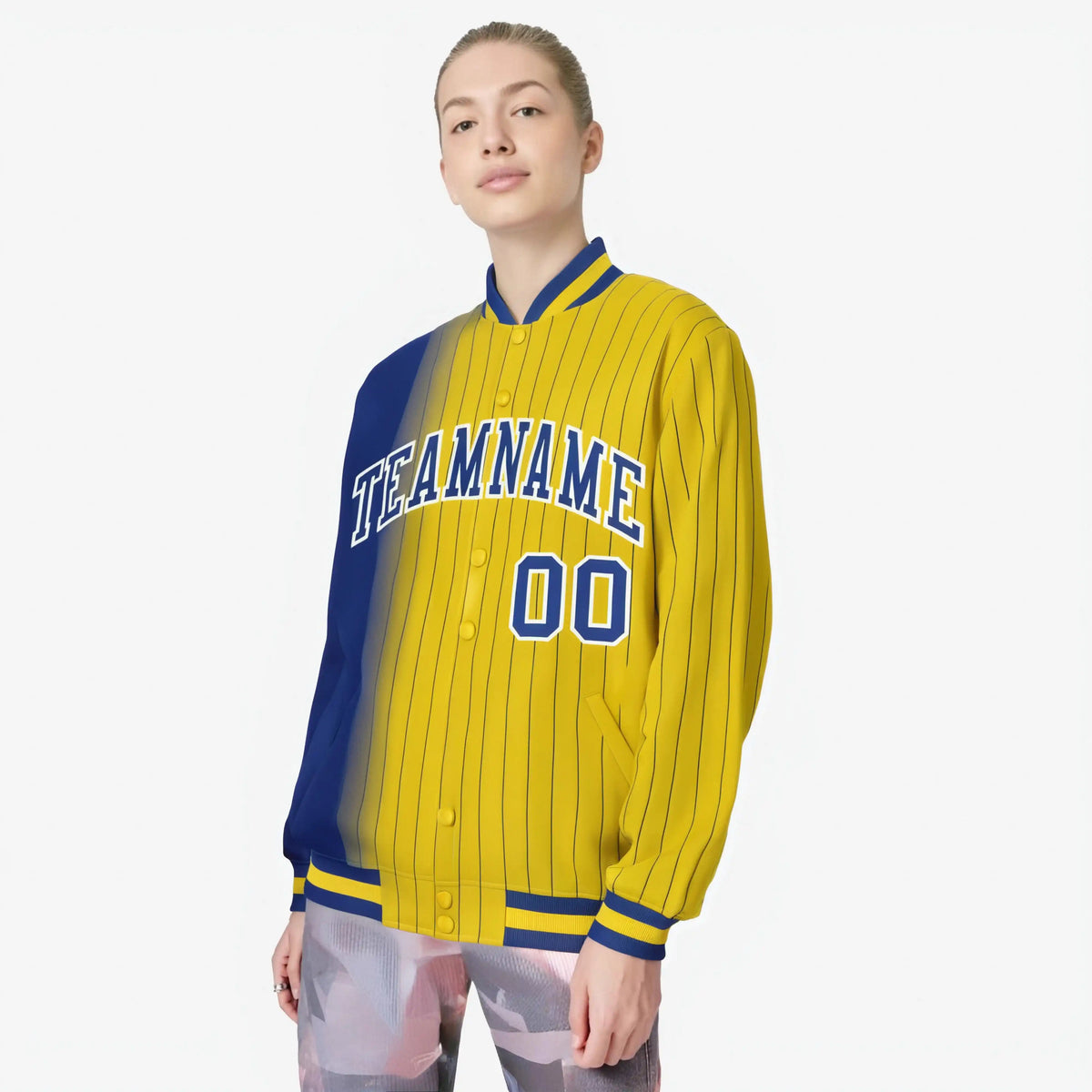 Custom Gold Royal-Blue Pinstripe White-Royal Blue Gradient Fashion Varsity Full-Snap Jacket