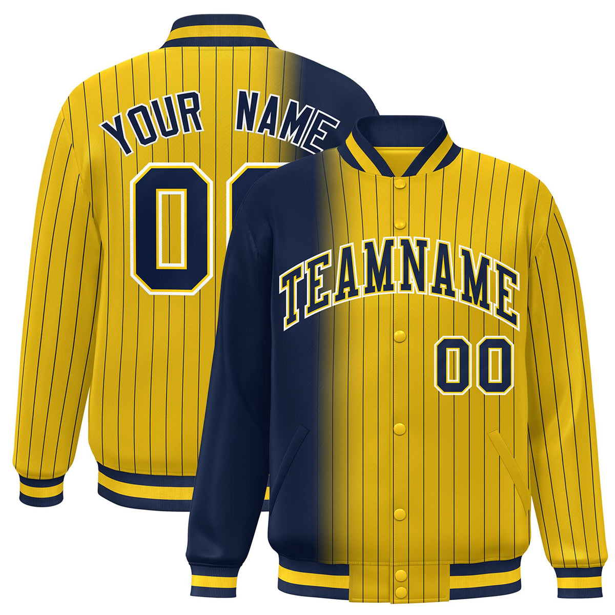 Custom Gold Navy Pinstripe White-Navy Gradient Fashion Varsity Full-Snap Jacket