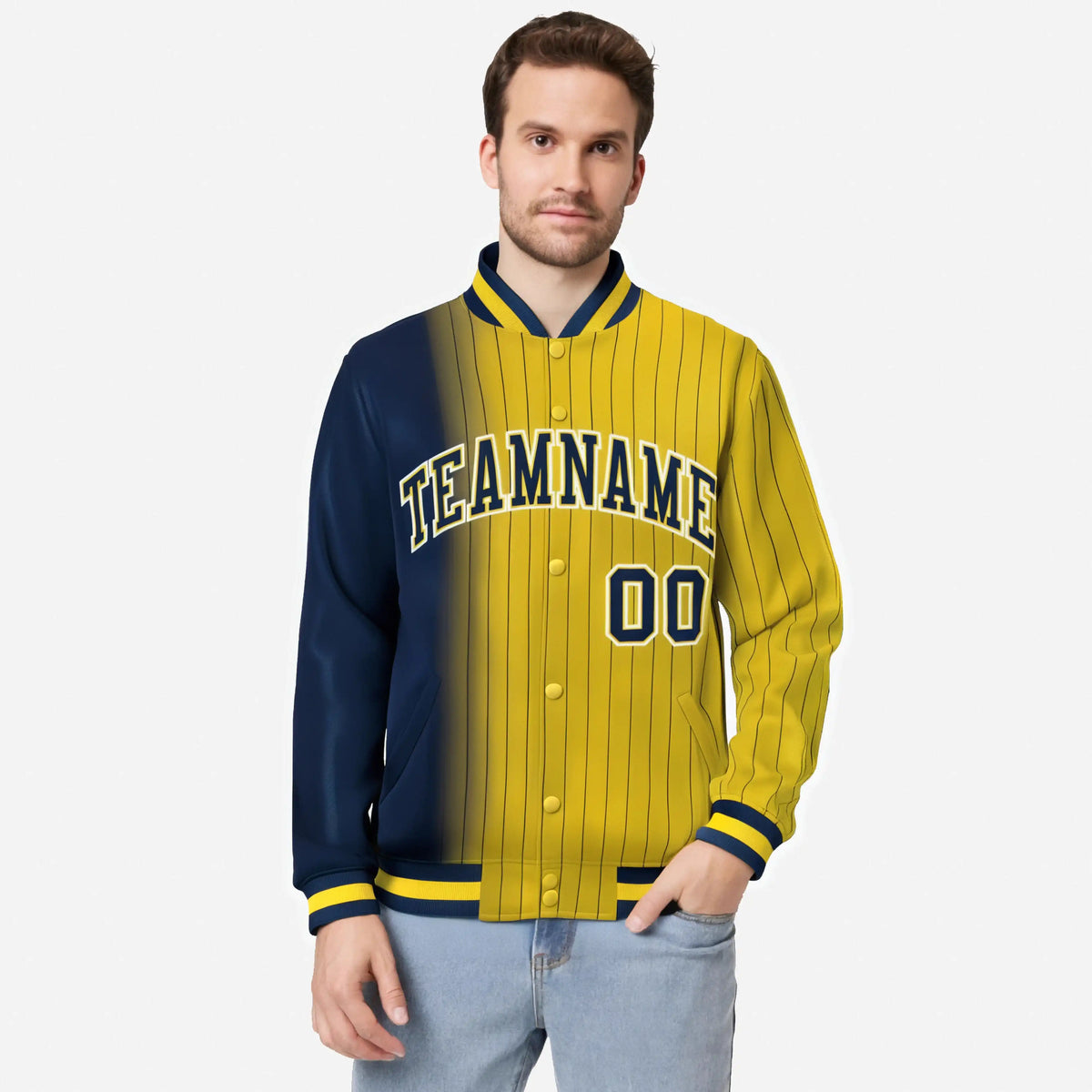 Custom Gold Navy Pinstripe White-Navy Gradient Fashion Varsity Full-Snap Jacket