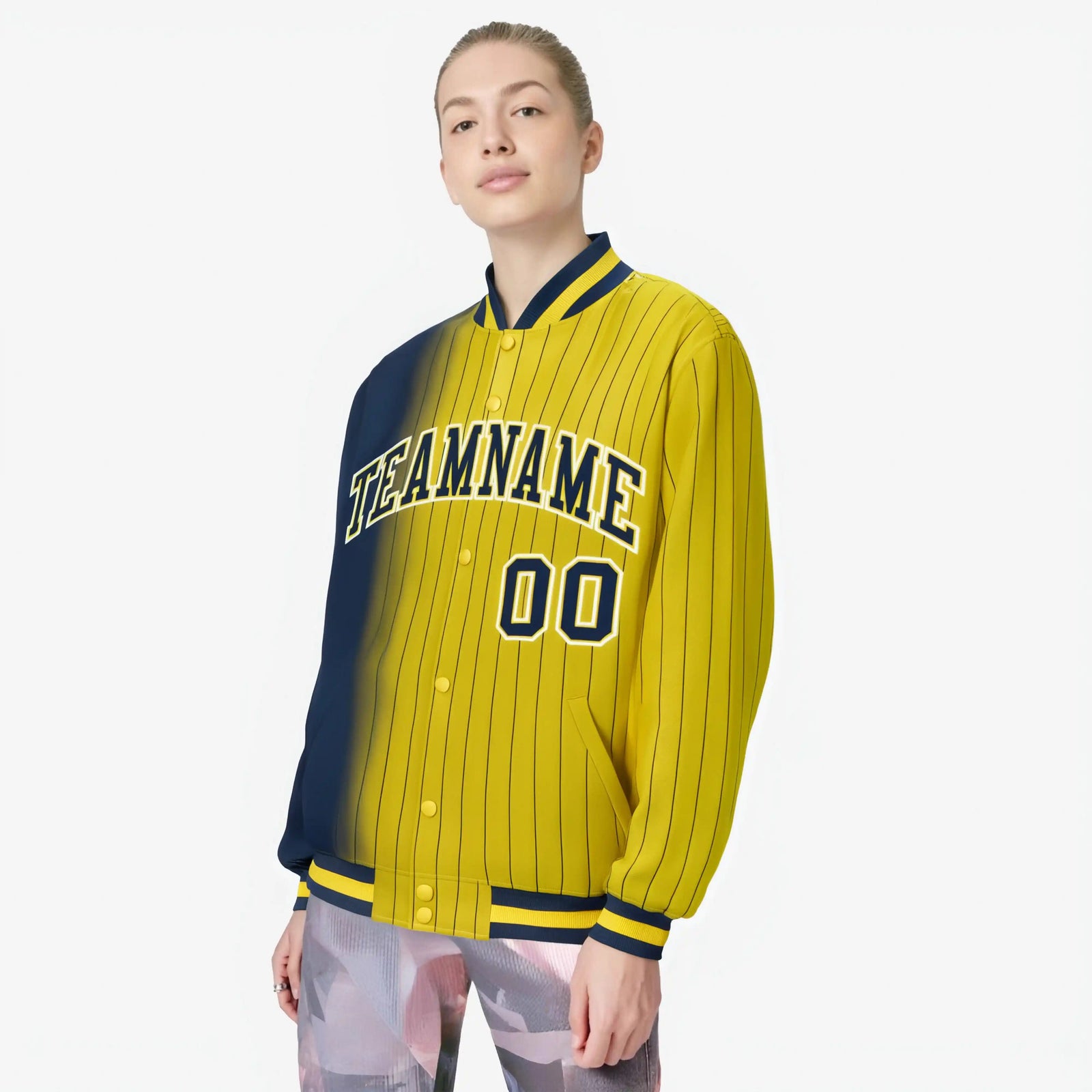Custom Gold Navy Pinstripe White-Navy Gradient Fashion Varsity Full-Snap Jacket