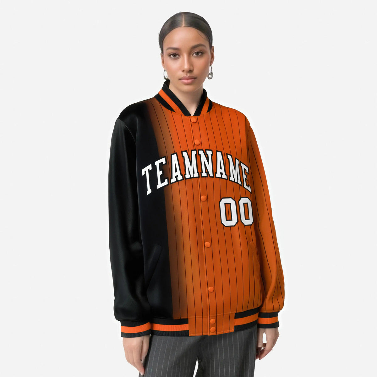 Custom Orange Black Pinstripe White-Black Gradient Fashion Varsity Full-Snap Jacket