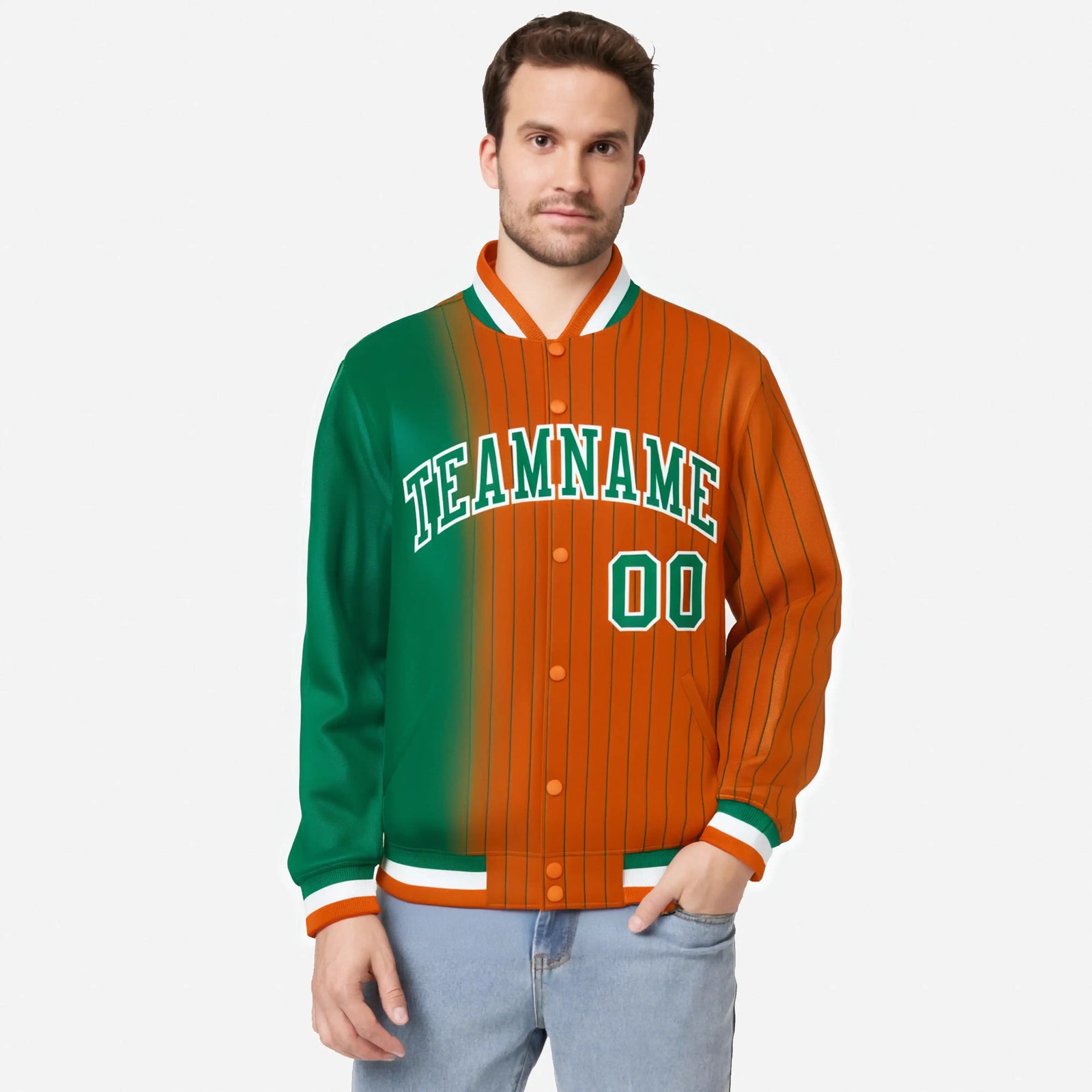 Custom Orange Kelly Green Pinstripe White-Kelly Green Gradient Fashion Varsity Full-Snap Jacket