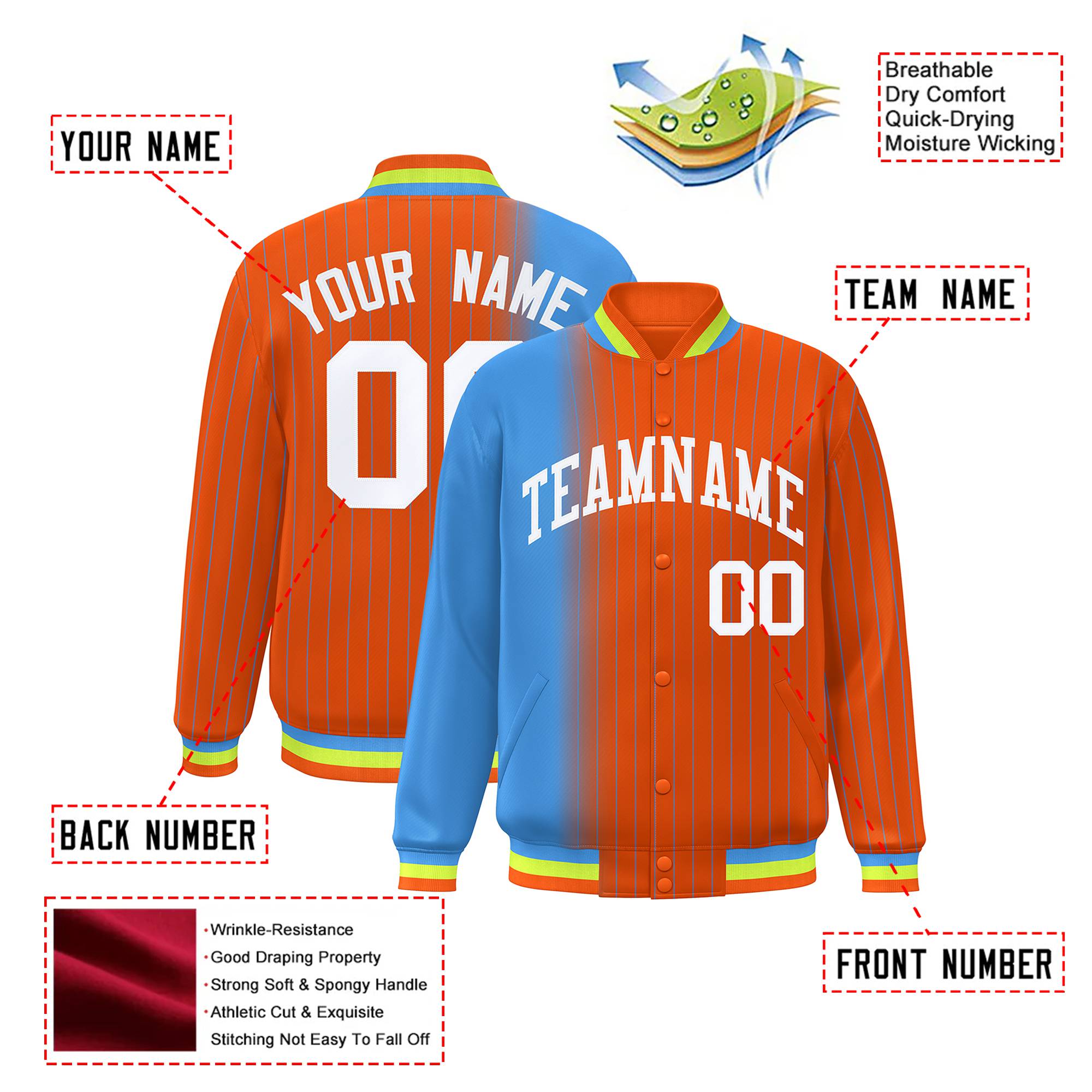 Custom Orange Powder Blue Pinstripe White-Powder Blue Gradient Fashion Varsity Full-Snap Jacket