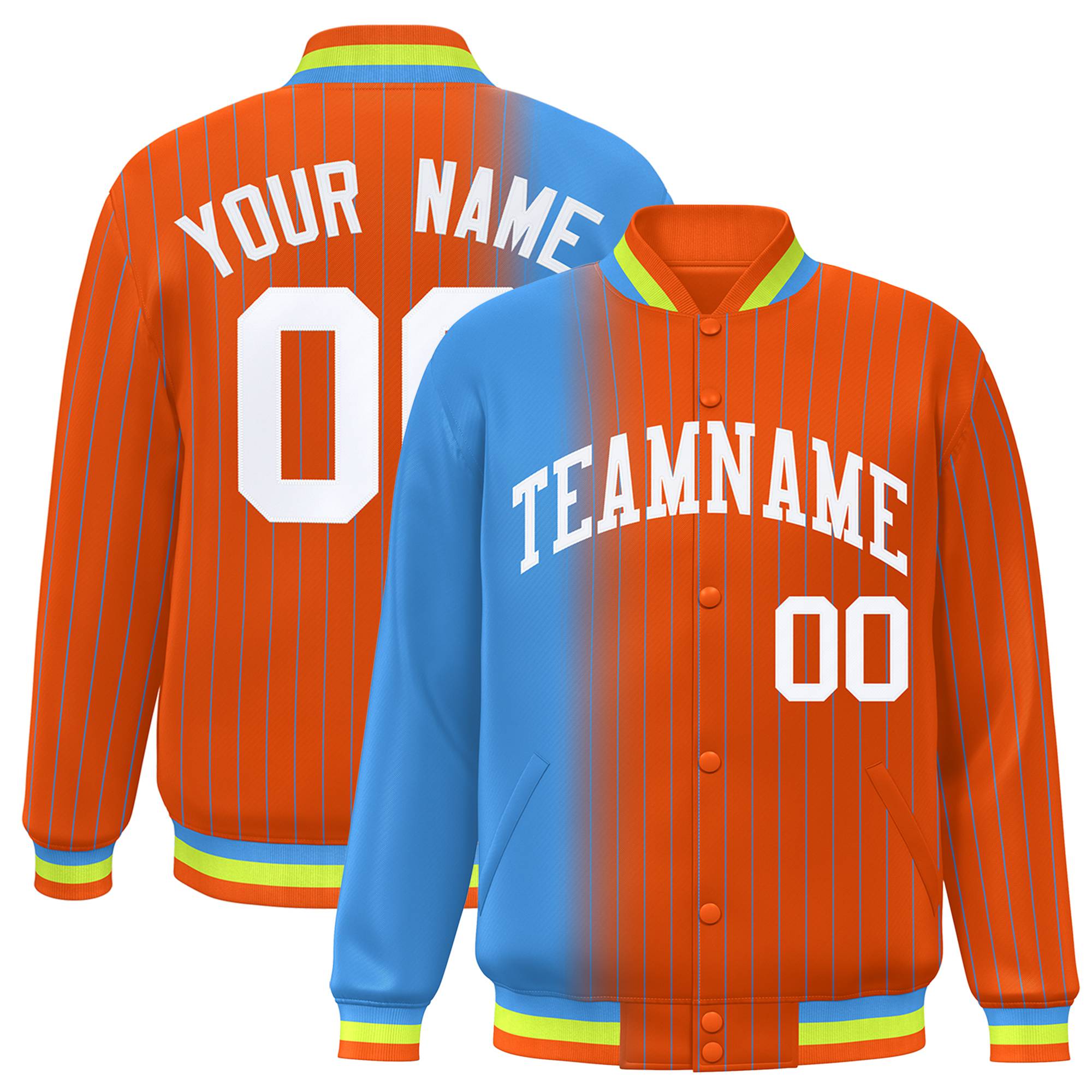 Custom Orange Powder Blue Pinstripe White-Powder Blue Gradient Fashion Varsity Full-Snap Jacket