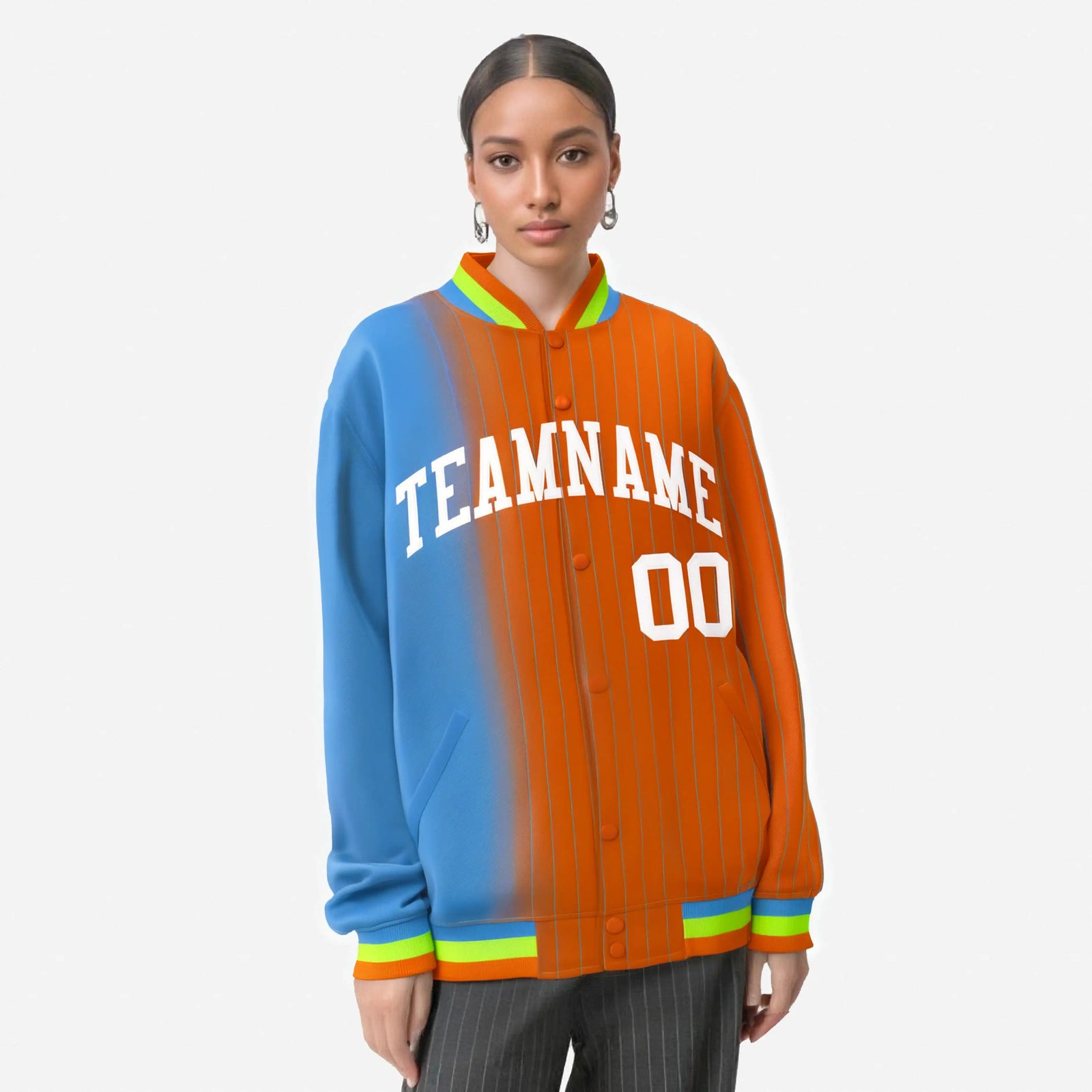 Custom Orange Powder Blue Pinstripe White-Powder Blue Gradient Fashion Varsity Full-Snap Jacket