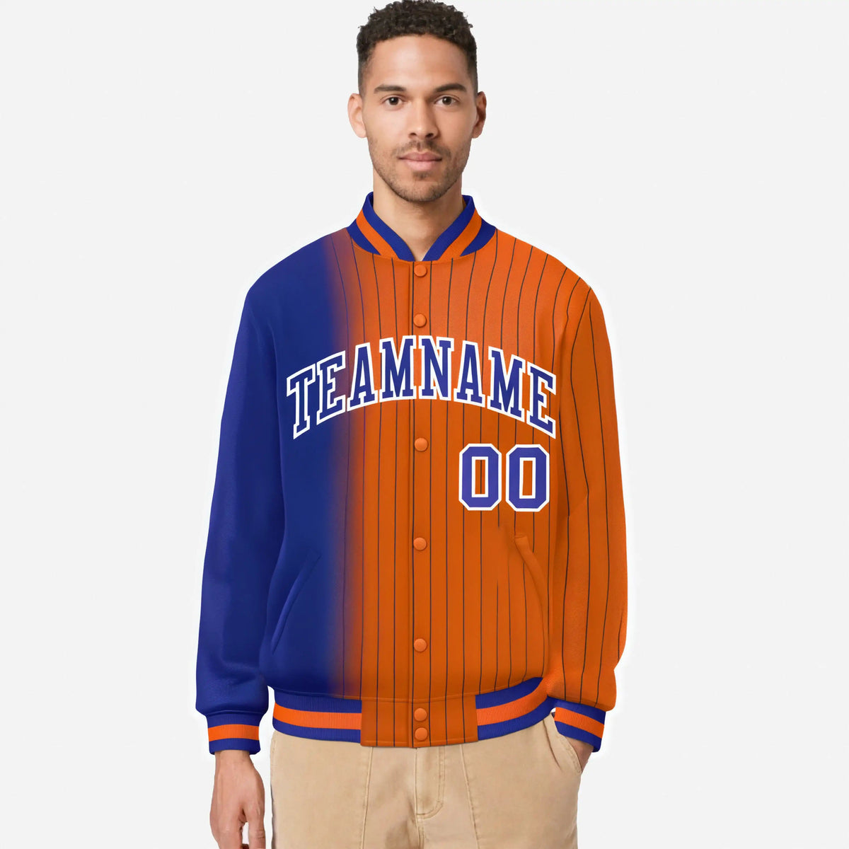 Custom Orange Royal Blue Pinstripe White-Royal Blue Gradient Fashion Varsity Full-Snap Jacket