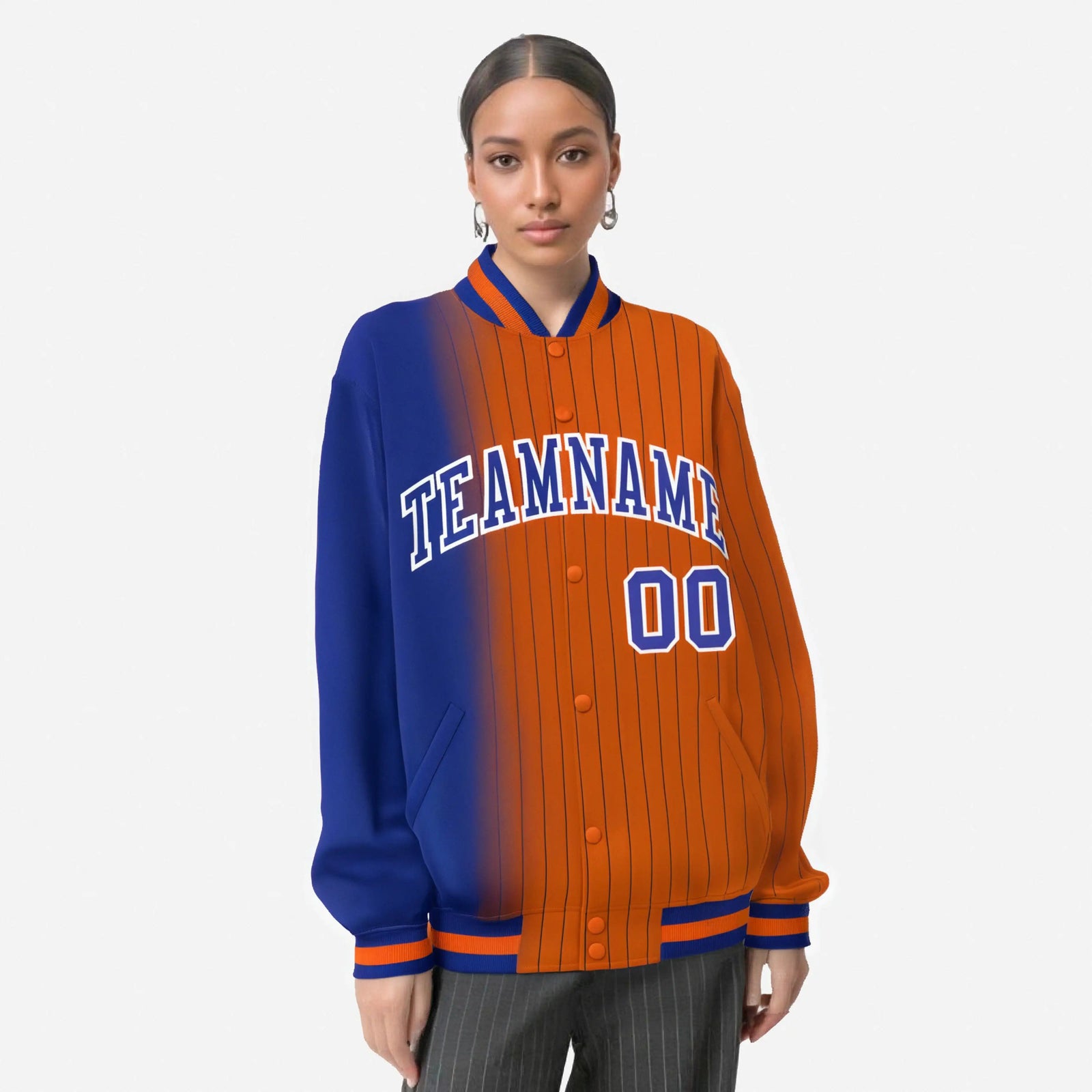 Custom Orange Royal Blue Pinstripe White-Royal Blue Gradient Fashion Varsity Full-Snap Jacket