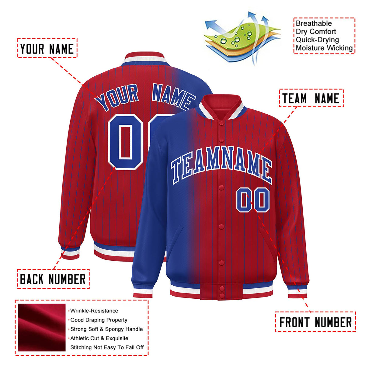 Custom Red Royal Blue Pinstripe White-Royal Blue Gradient Fashion Varsity Full-Snap Jacket