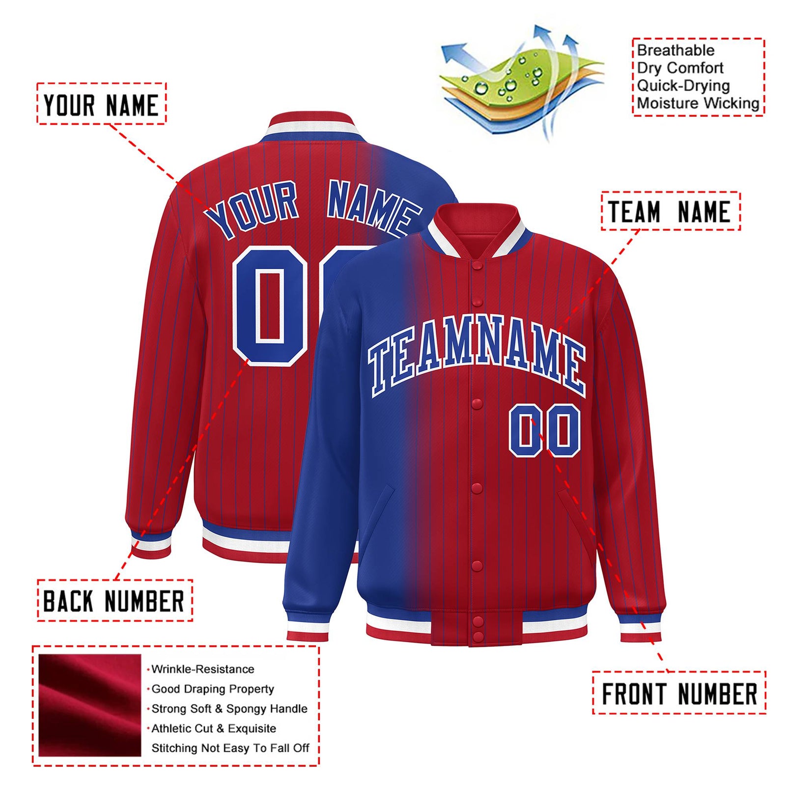 Custom Red Royal Blue Pinstripe White-Royal Blue Gradient Fashion Varsity Full-Snap Jacket