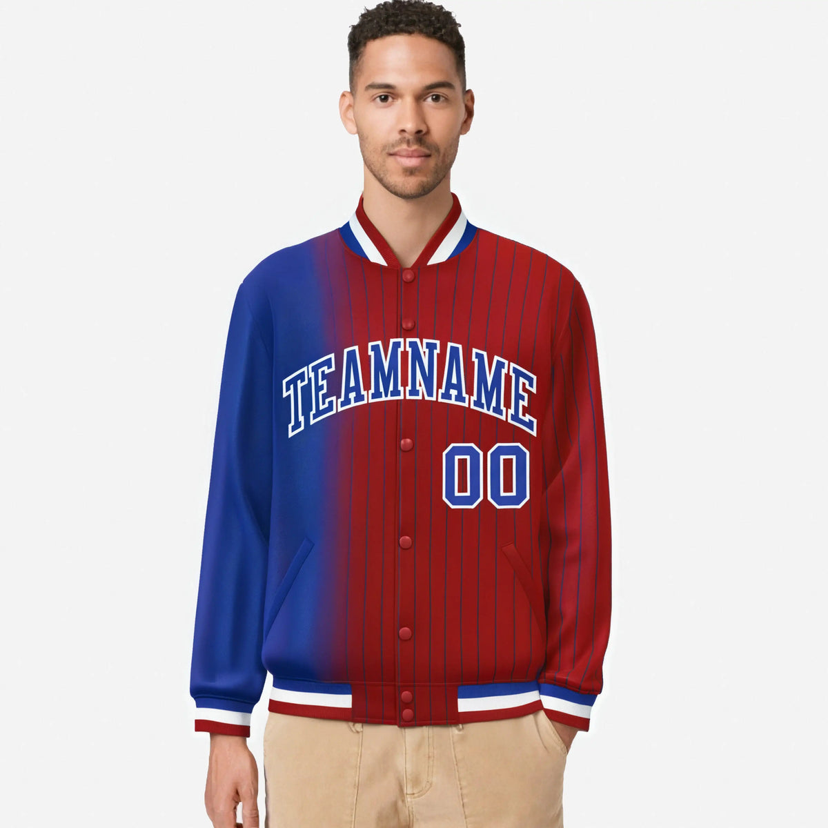 Custom Red Royal Blue Pinstripe White-Royal Blue Gradient Fashion Varsity Full-Snap Jacket