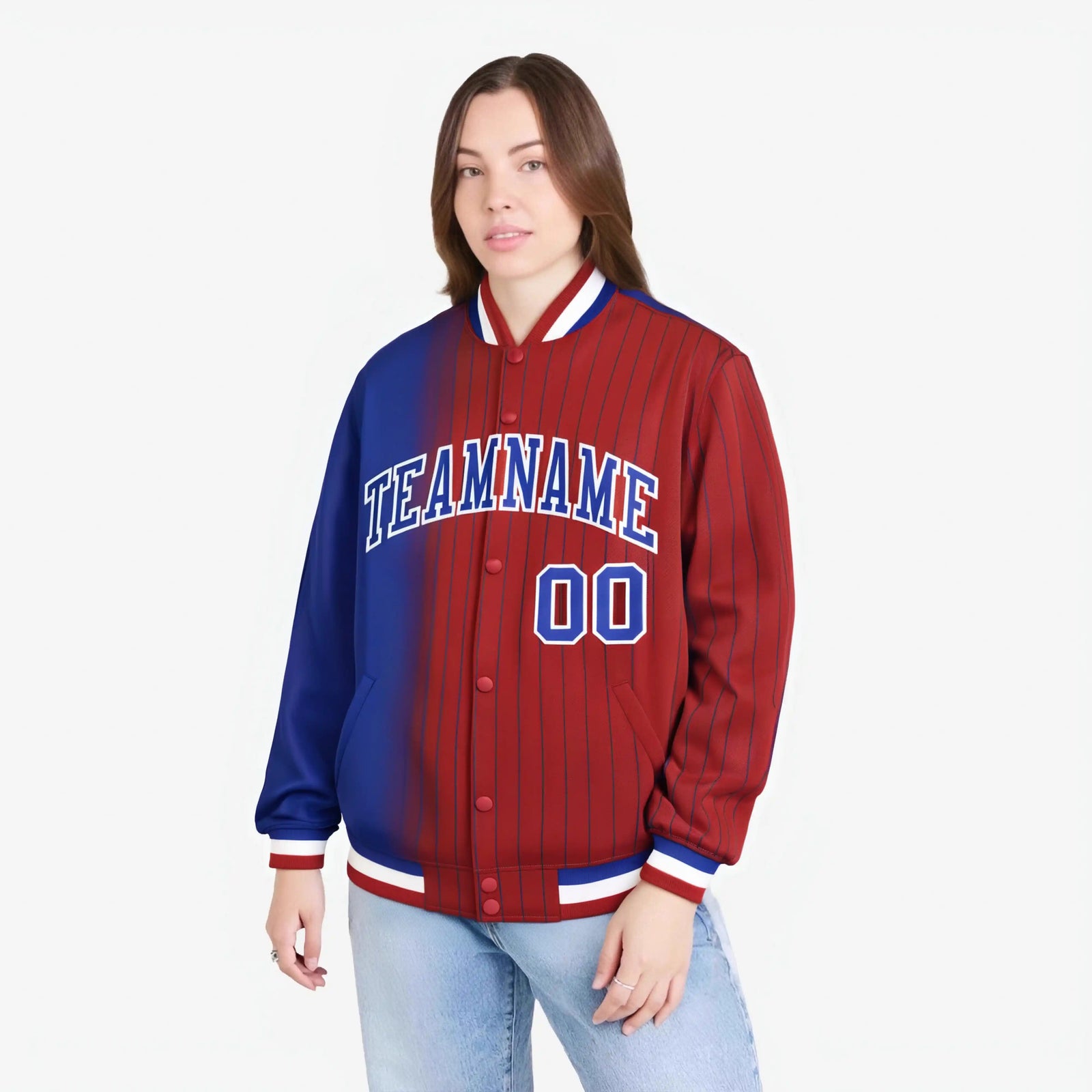 Custom Red Royal Blue Pinstripe White-Royal Blue Gradient Fashion Varsity Full-Snap Jacket