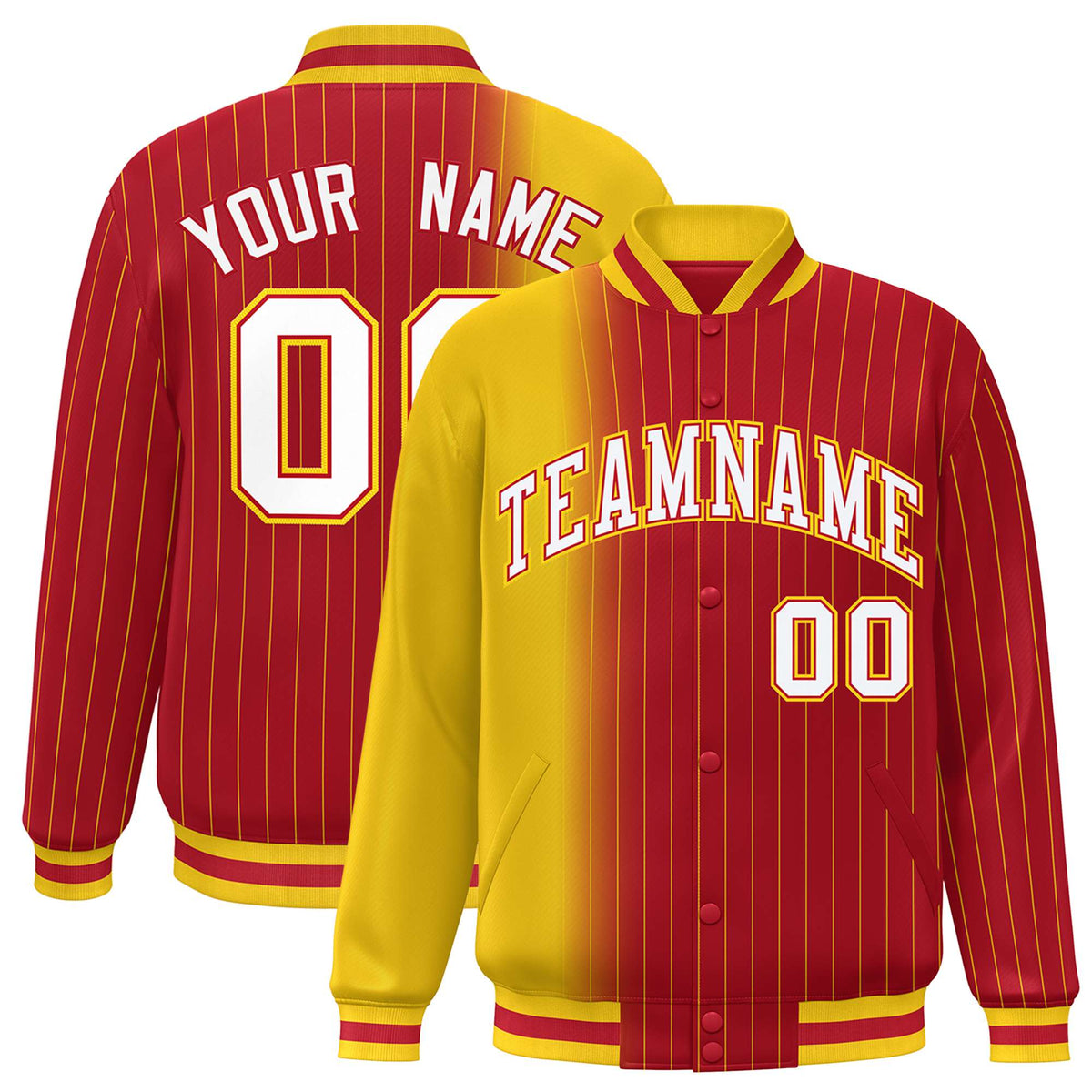 Custom Red Gold Pinstripe White-Gold Gradient Fashion Varsity Full-Snap Jacket