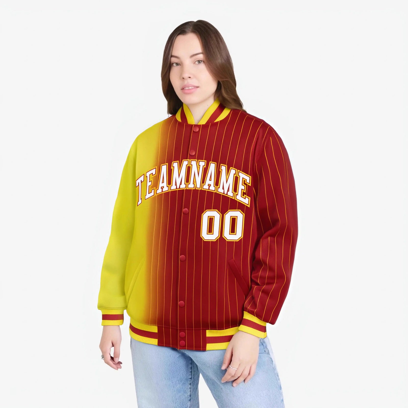 Custom Red Gold Pinstripe White-Gold Gradient Fashion Varsity Full-Snap Jacket