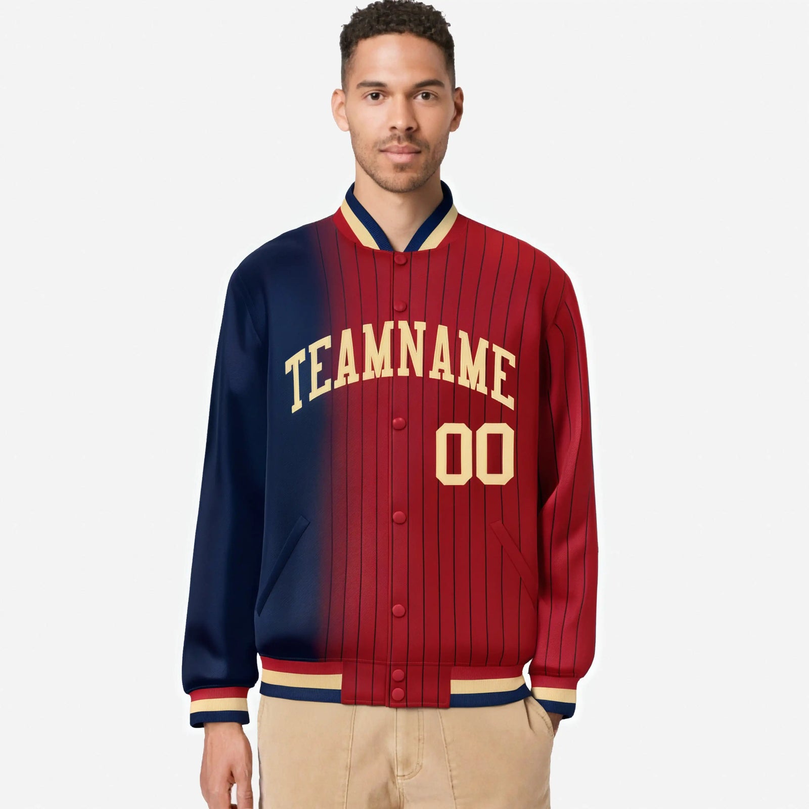 Custom Red Navy Pinstripe Old Gold-Navy Gradient Fashion Varsity Full-Snap Jacket