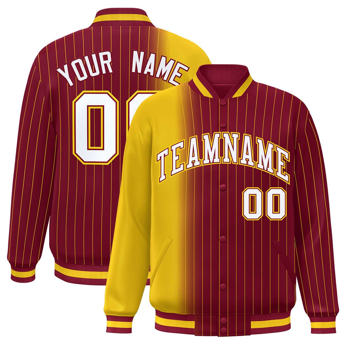 Custom Crimson Gold Pinstripe White-Gold Gradient Fashion Varsity Full-Snap Jacket