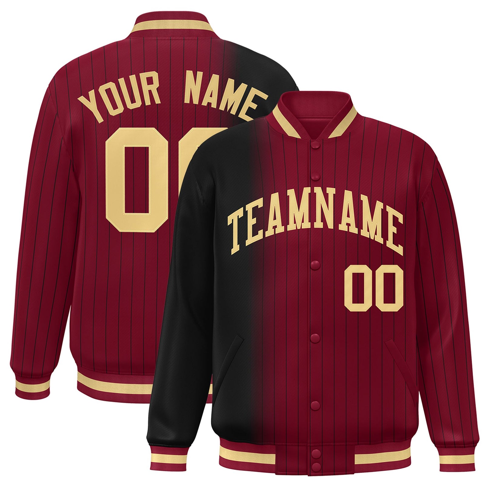 Custom Crimson Black Pinstripe Old Gold-Black Gradient Fashion Varsity Full-Snap Jacket