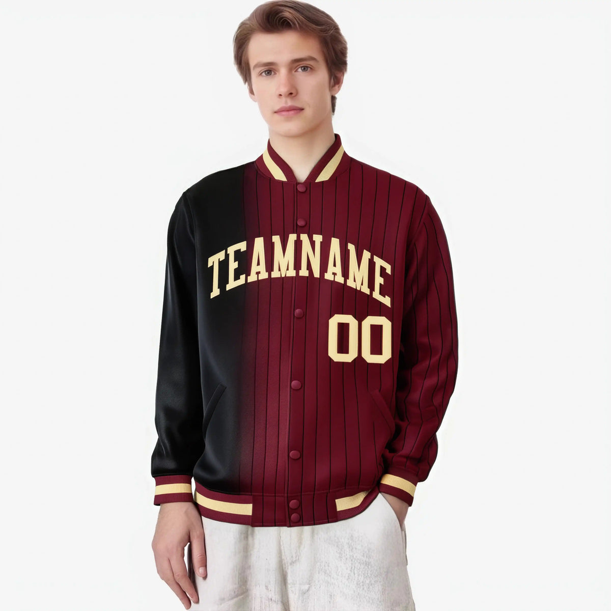 Custom Crimson Black Pinstripe Old Gold-Black Gradient Fashion Varsity Full-Snap Jacket