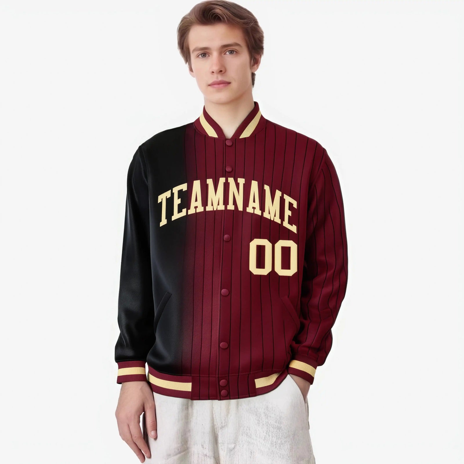 Custom Crimson Black Pinstripe Old Gold-Black Gradient Fashion Varsity Full-Snap Jacket