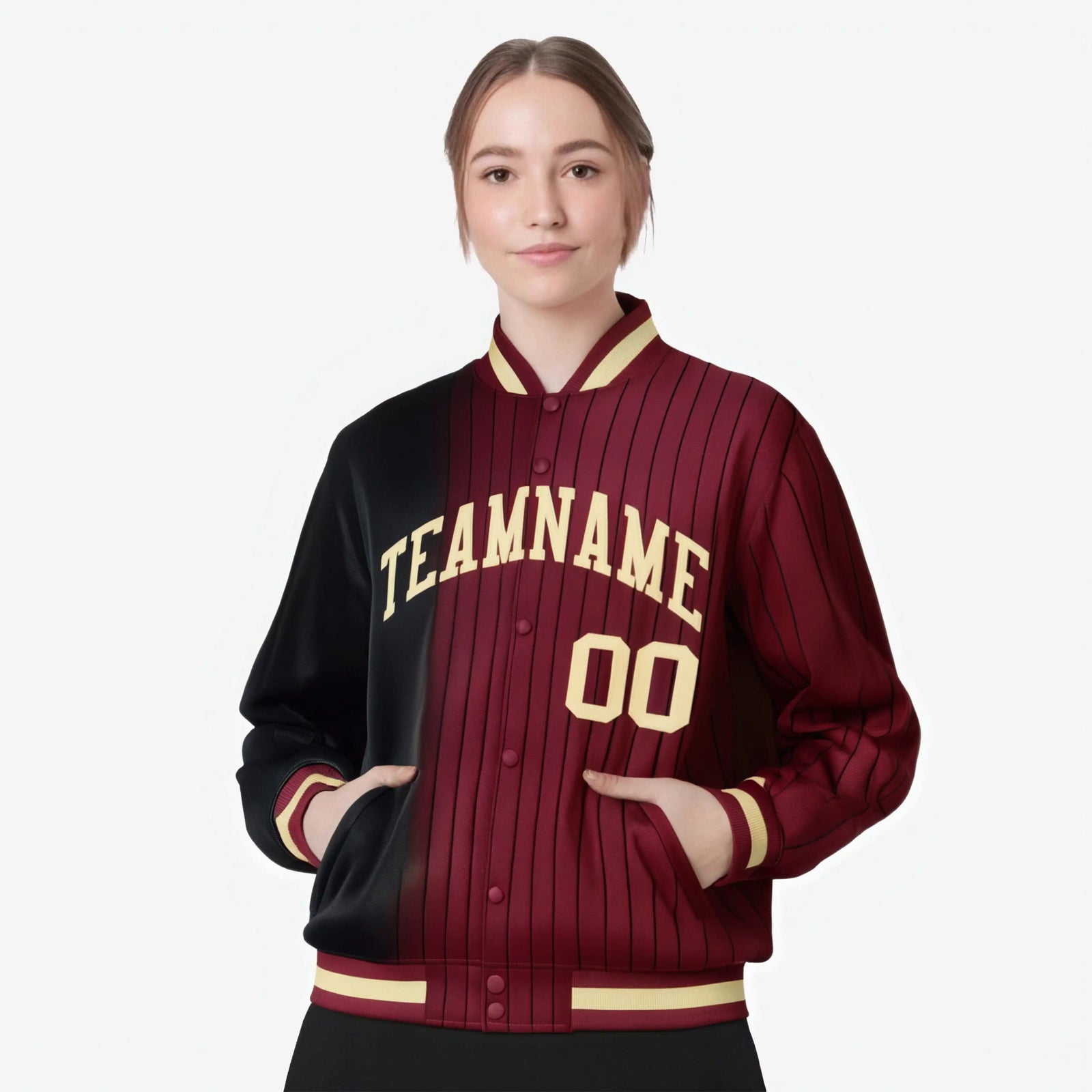 Custom Crimson Black Pinstripe Old Gold-Black Gradient Fashion Varsity Full-Snap Jacket