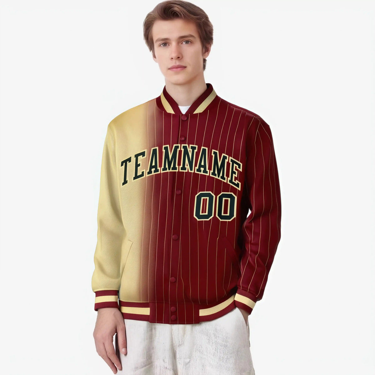 Chaqueta universitaria de moda con degradado de raya diplomática caqui carmesí personalizada y cierre completo