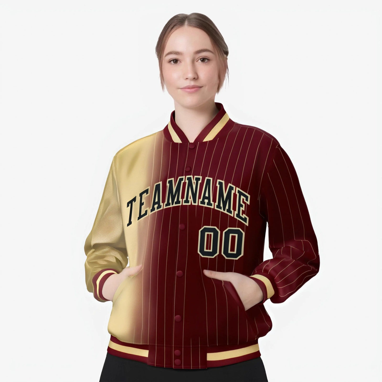 Custom Crimson Khaki Pinstripe Black-Khaki Gradient Fashion Varsity Full-Snap Jacket