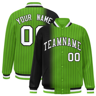 Custom Neon Green Black Pinstripe Gradient Fashion Varsity Full-Snap Jacket - Style 1