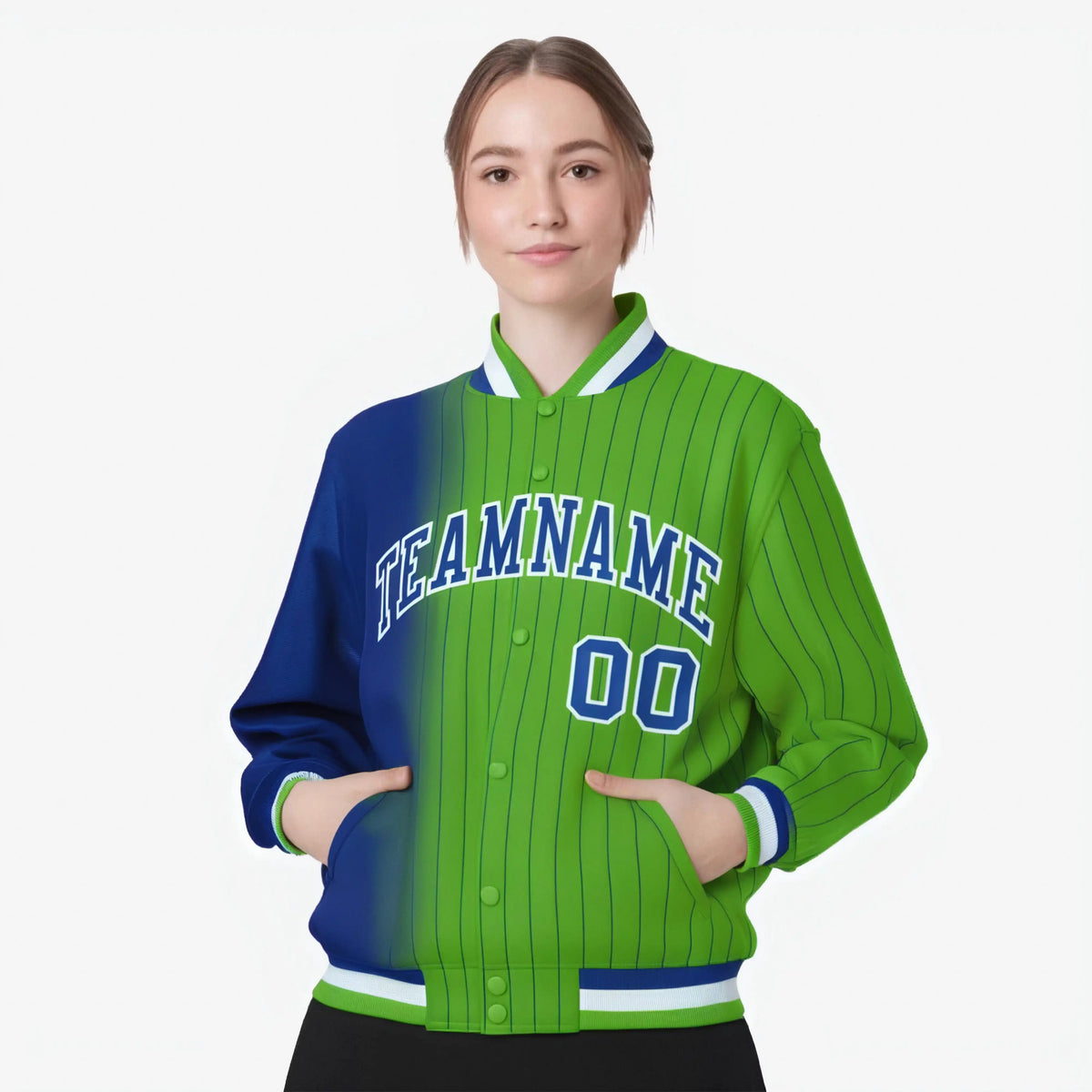 Custom Neon Green Royal-Blue Pinstripe White-Royal Blue Gradient Fashion Varsity Full-Snap Jacket