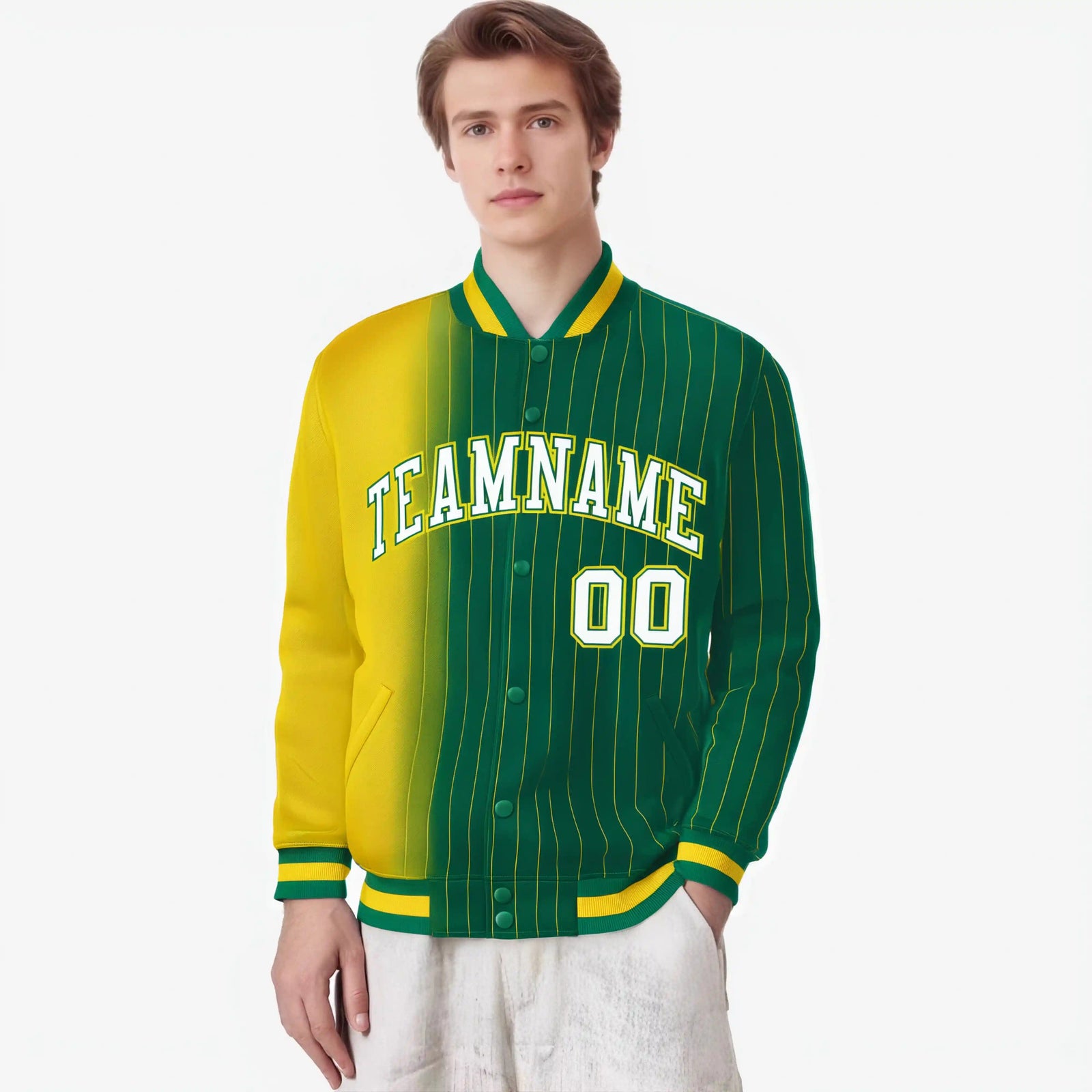 Custom Kelly Green Gold Pinstripe White-Gold Gradient Fashion Varsity Full-Snap Jacket