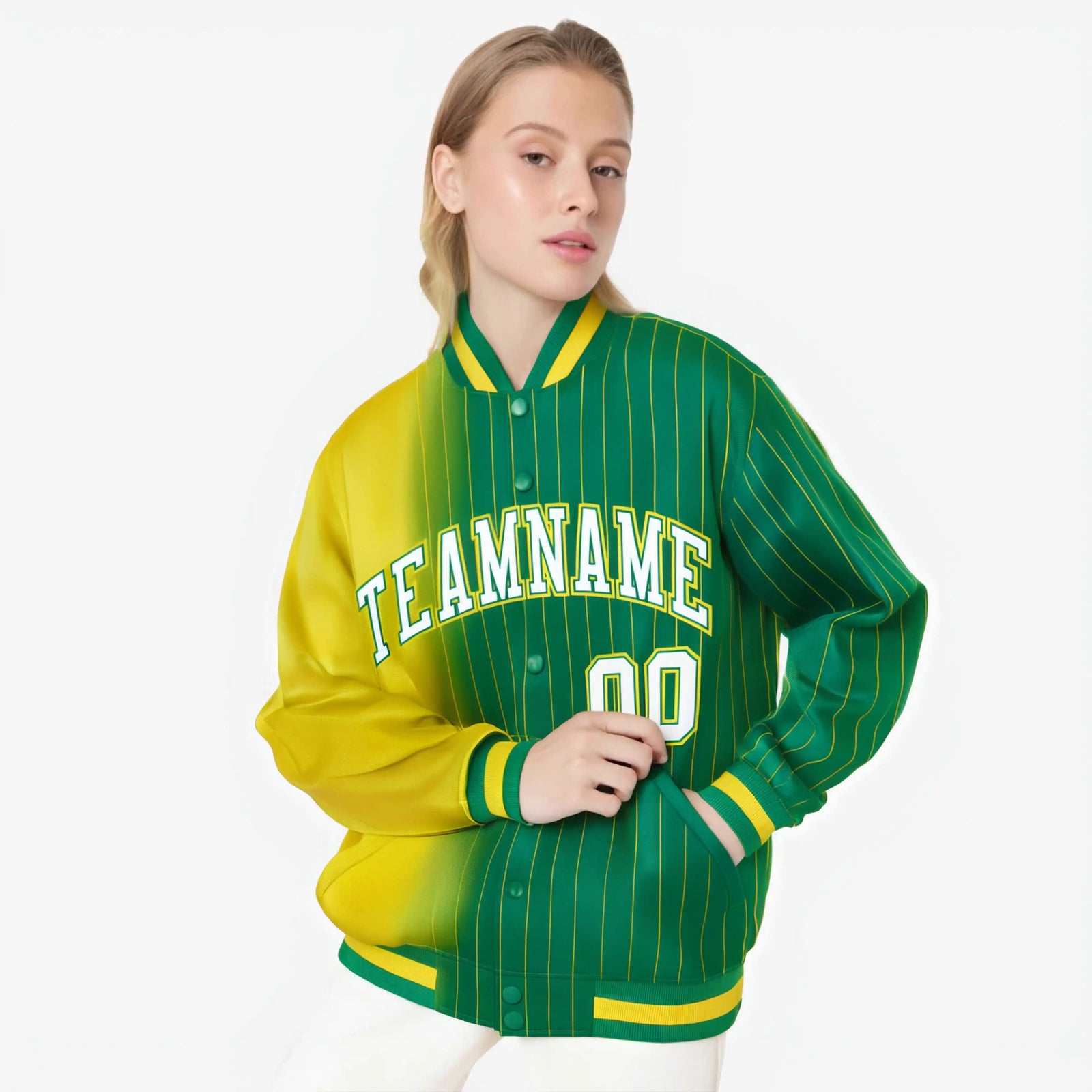 Custom Kelly Green Gold Pinstripe White-Gold Gradient Fashion Varsity Full-Snap Jacket