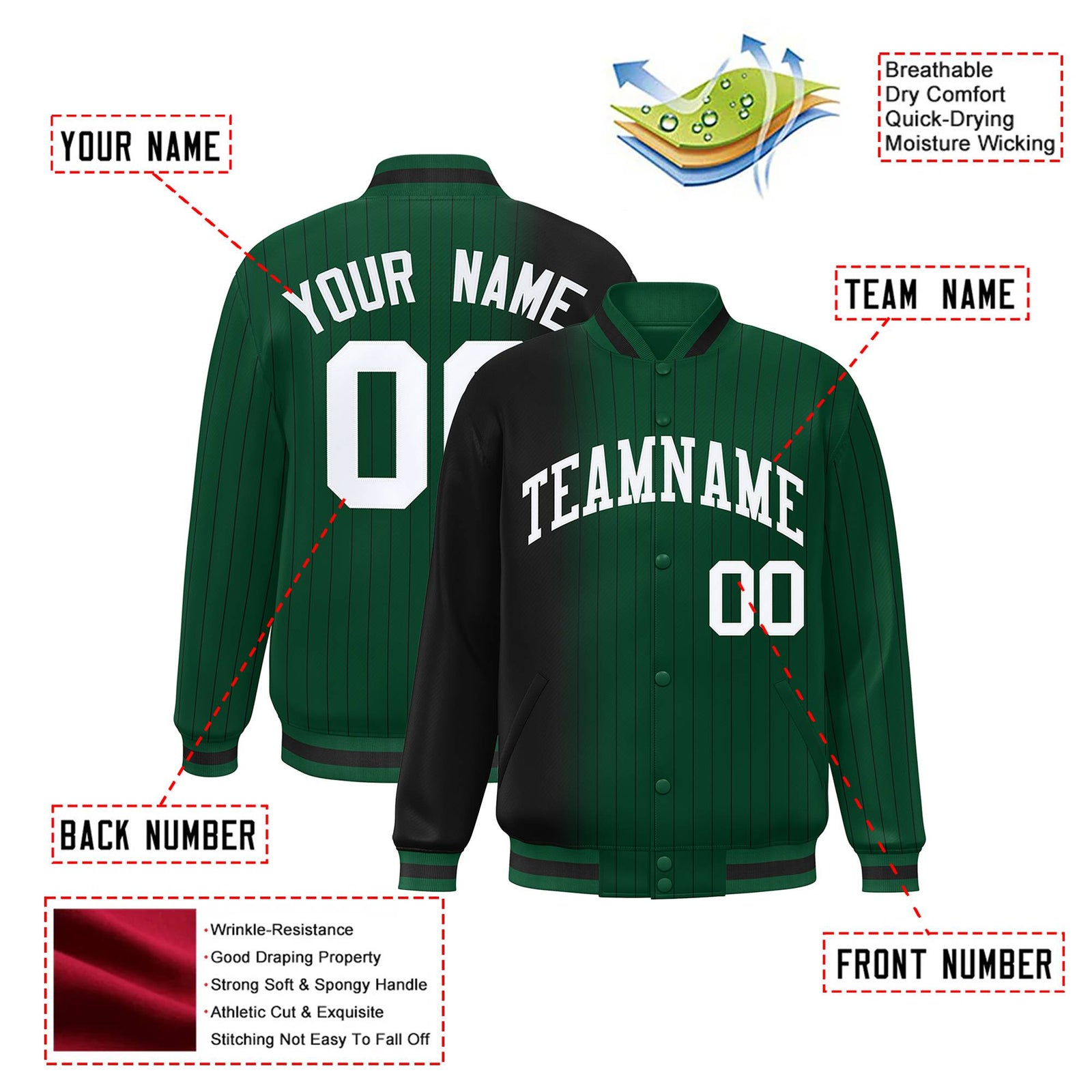 Custom Green Black Pinstripe White-Black Gradient Fashion Varsity Full-Snap Jacket