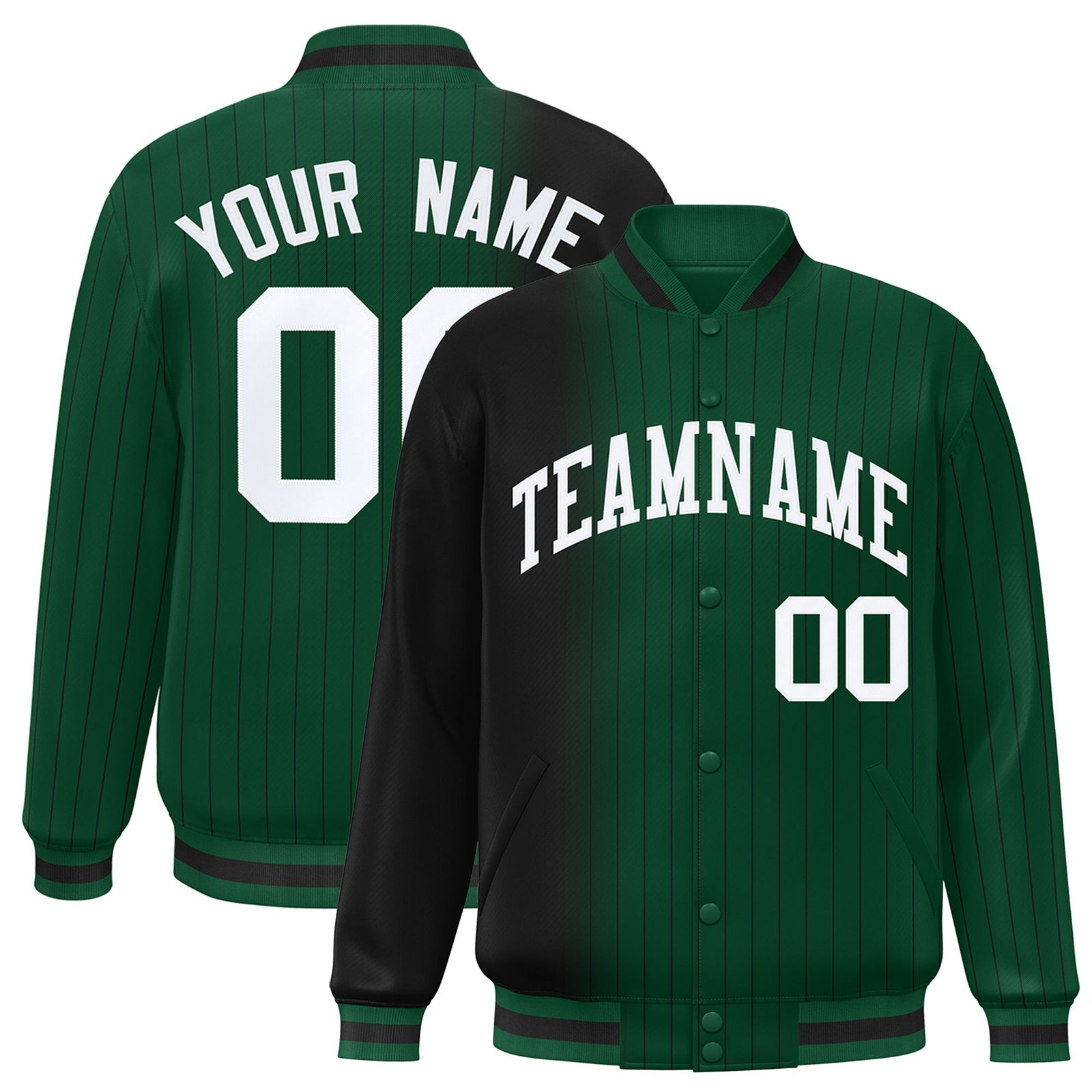 Custom Green Black Pinstripe White-Black Gradient Fashion Varsity Full-Snap Jacket