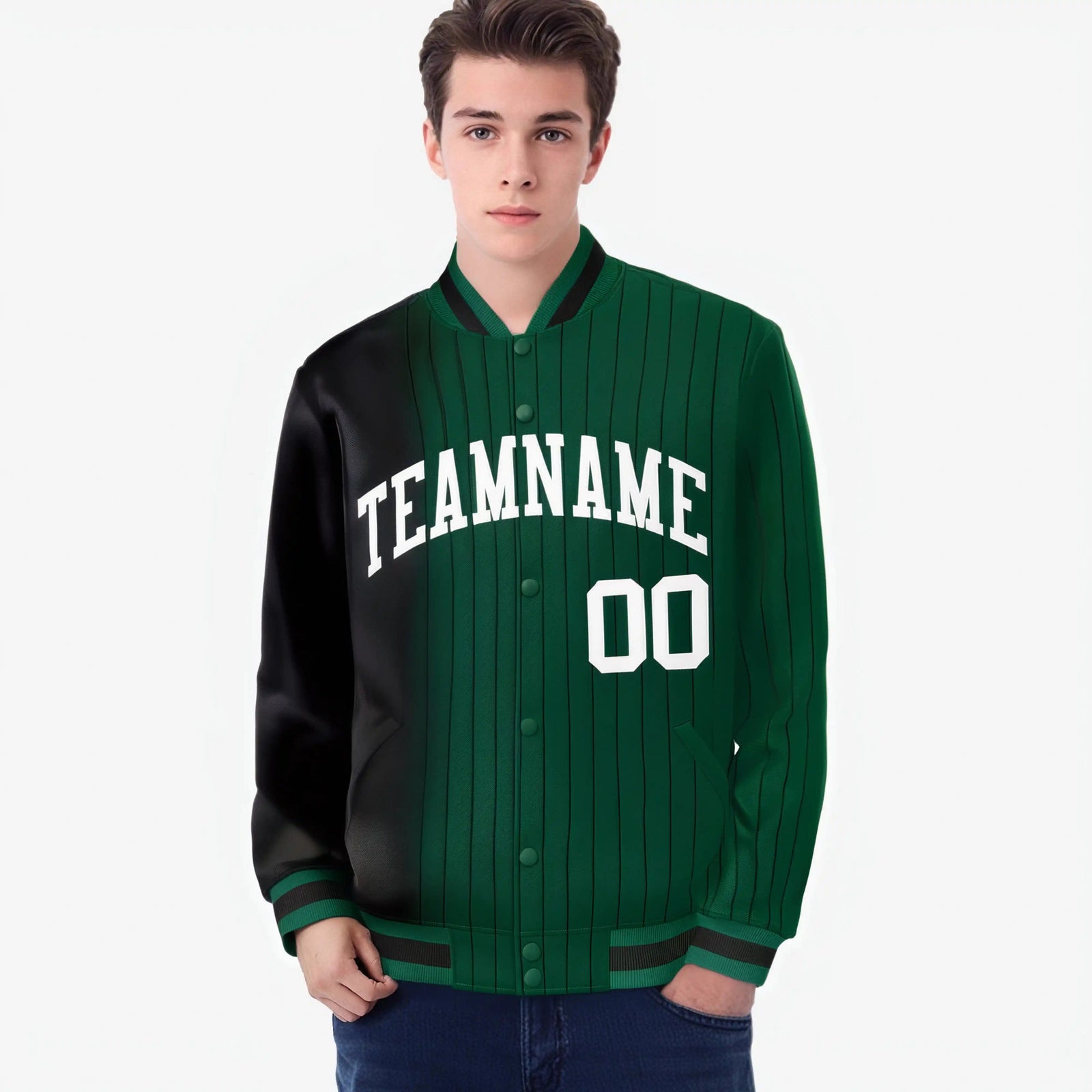 Custom Green Black Pinstripe White-Black Gradient Fashion Varsity Full-Snap Jacket