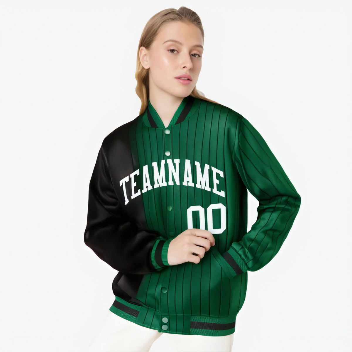 Custom Green Black Pinstripe White-Black Gradient Fashion Varsity Full-Snap Jacket