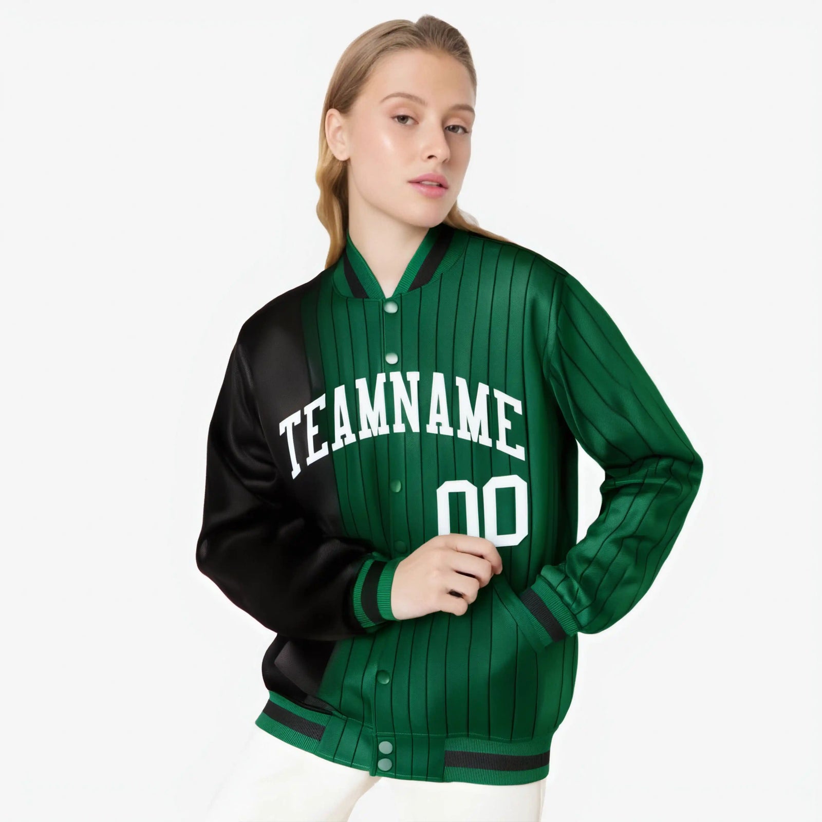 Custom Green Black Pinstripe White-Black Gradient Fashion Varsity Full-Snap Jacket