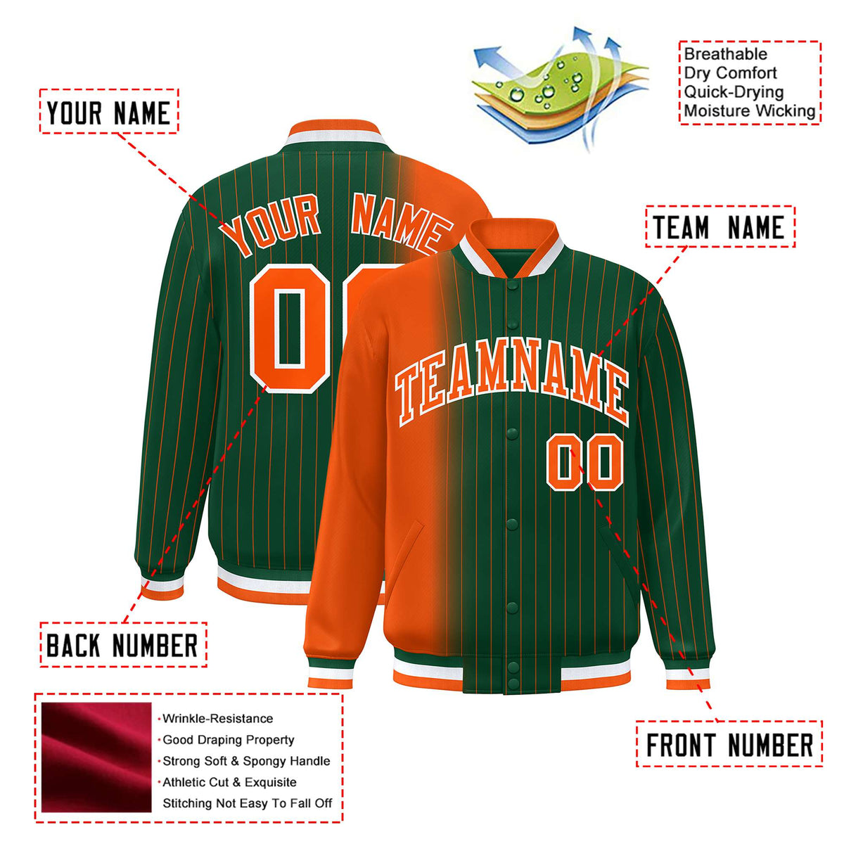 Custom Green Orange Pinstripe White-Orange Gradient Fashion Varsity Full-Snap Jacket