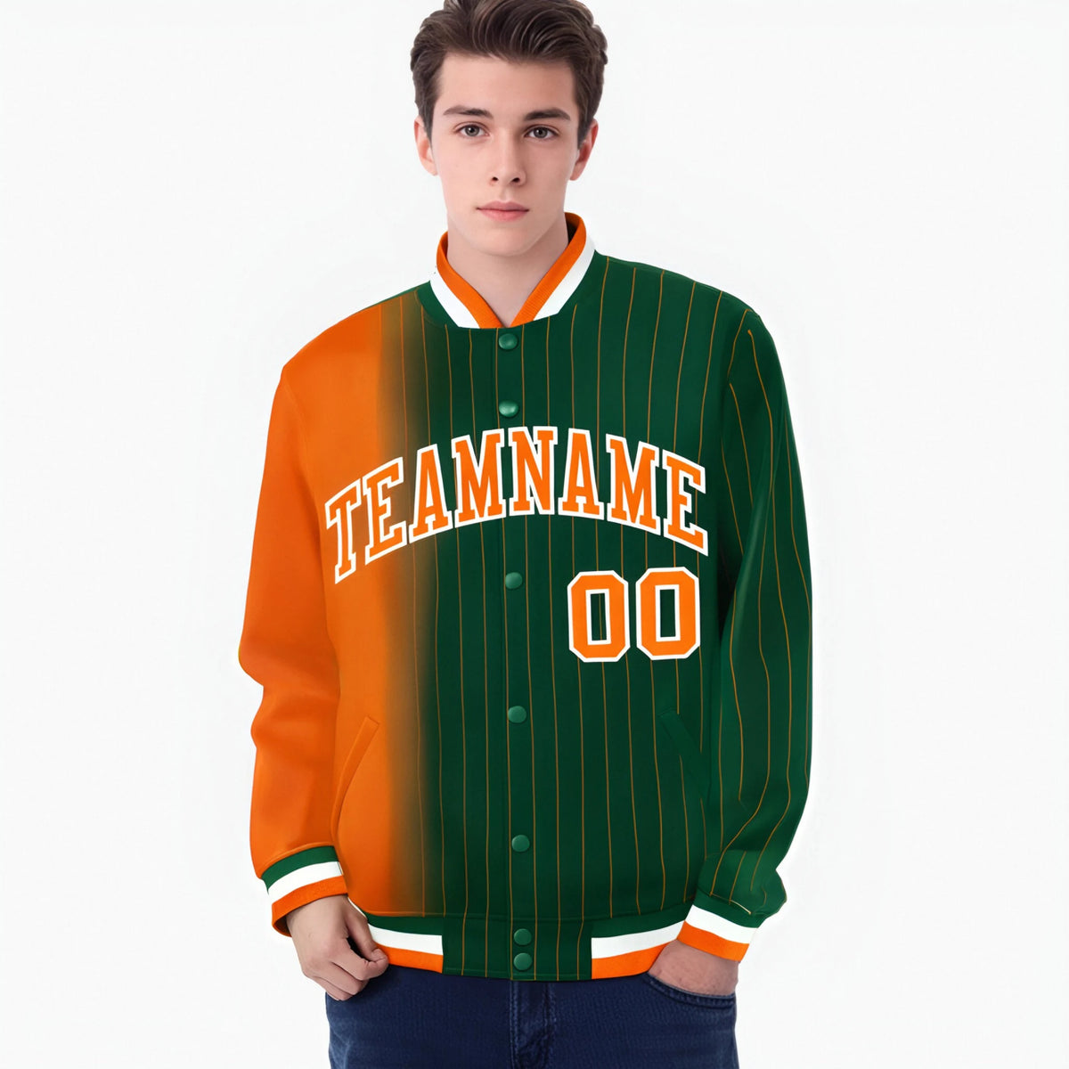 Custom Green Orange Pinstripe White-Orange Gradient Fashion Varsity Full-Snap Jacket