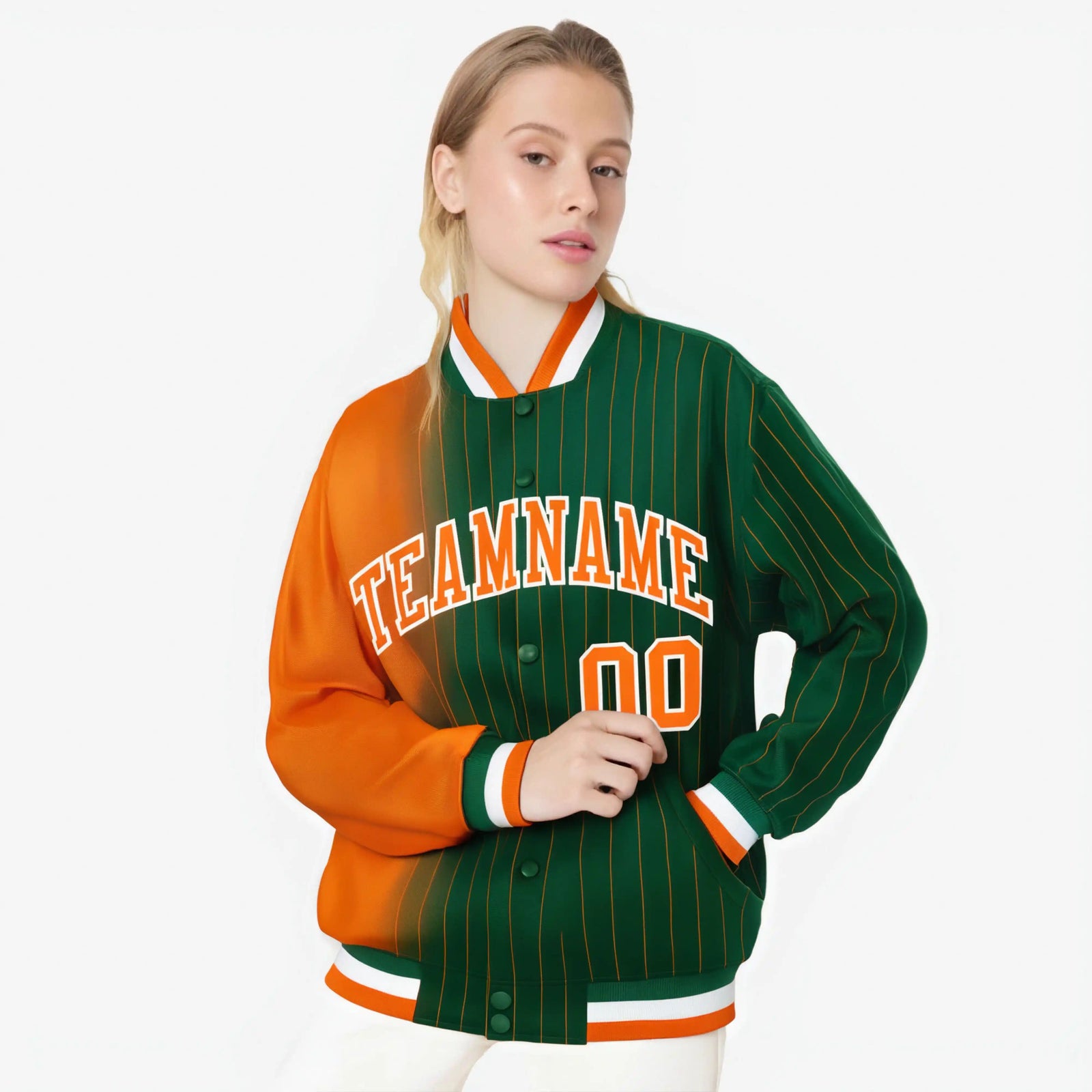 Custom Green Orange Pinstripe White-Orange Gradient Fashion Varsity Full-Snap Jacket