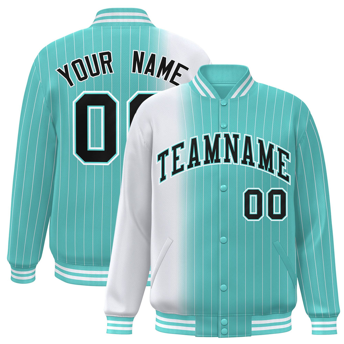 Custom Aqua White Pinstripe Black-White Gradient Fashion Varsity Full-Snap Jacket