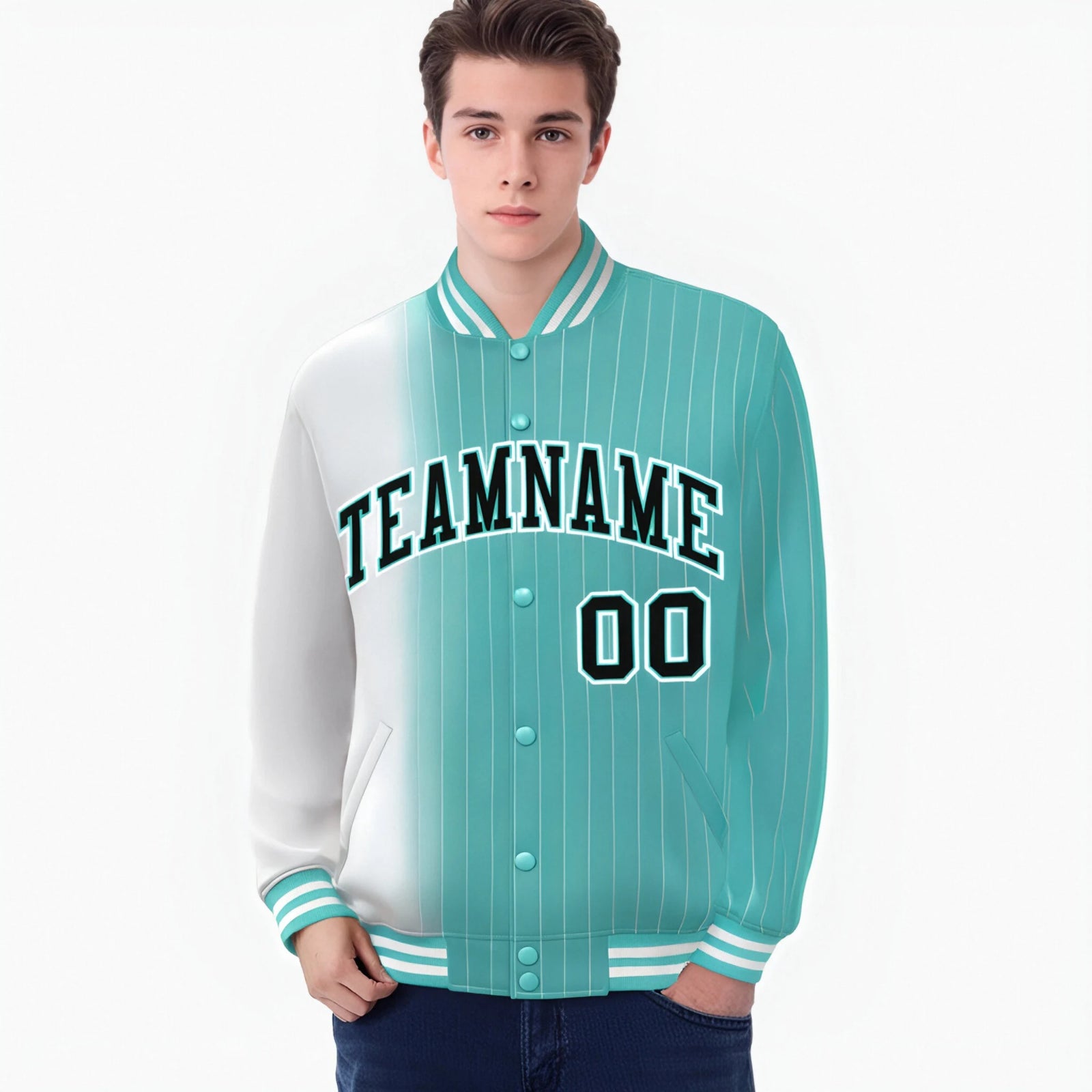 Custom Aqua White Pinstripe Black-White Gradient Fashion Varsity Full-Snap Jacket