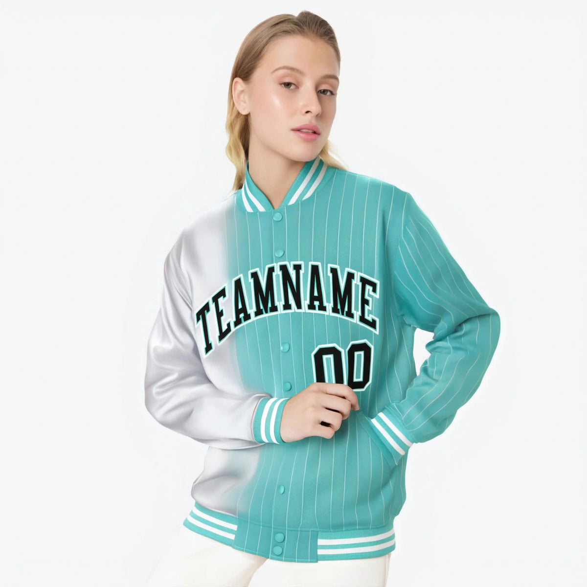 Custom Aqua White Pinstripe Black-White Gradient Fashion Varsity Full-Snap Jacket
