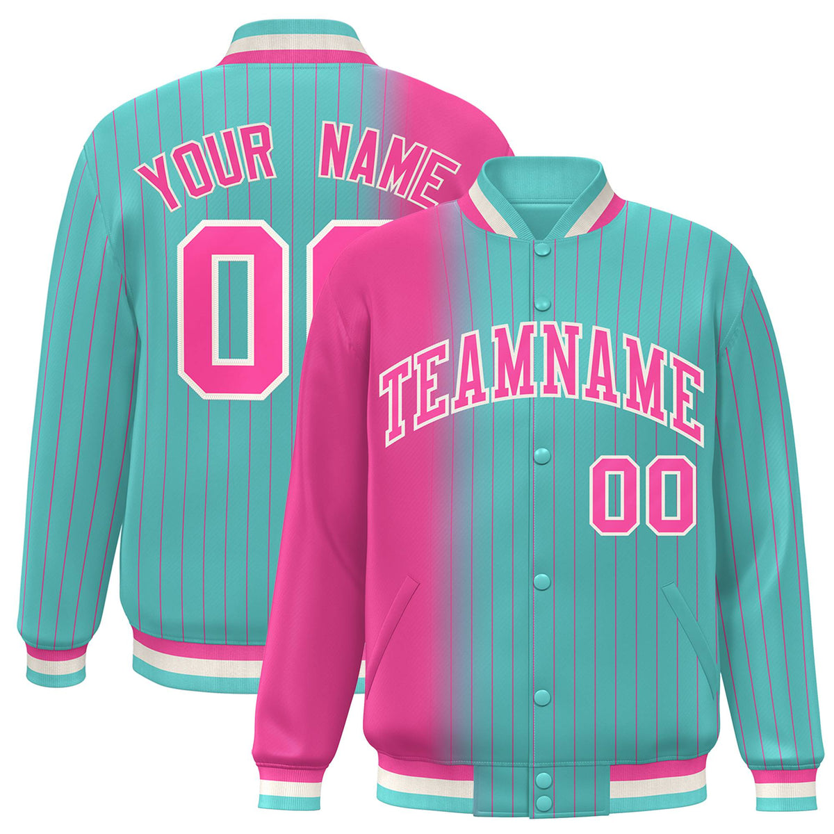 Custom Aqua Pink Pinstripe White-Pink Gradient Fashion Varsity Full-Snap Jacket