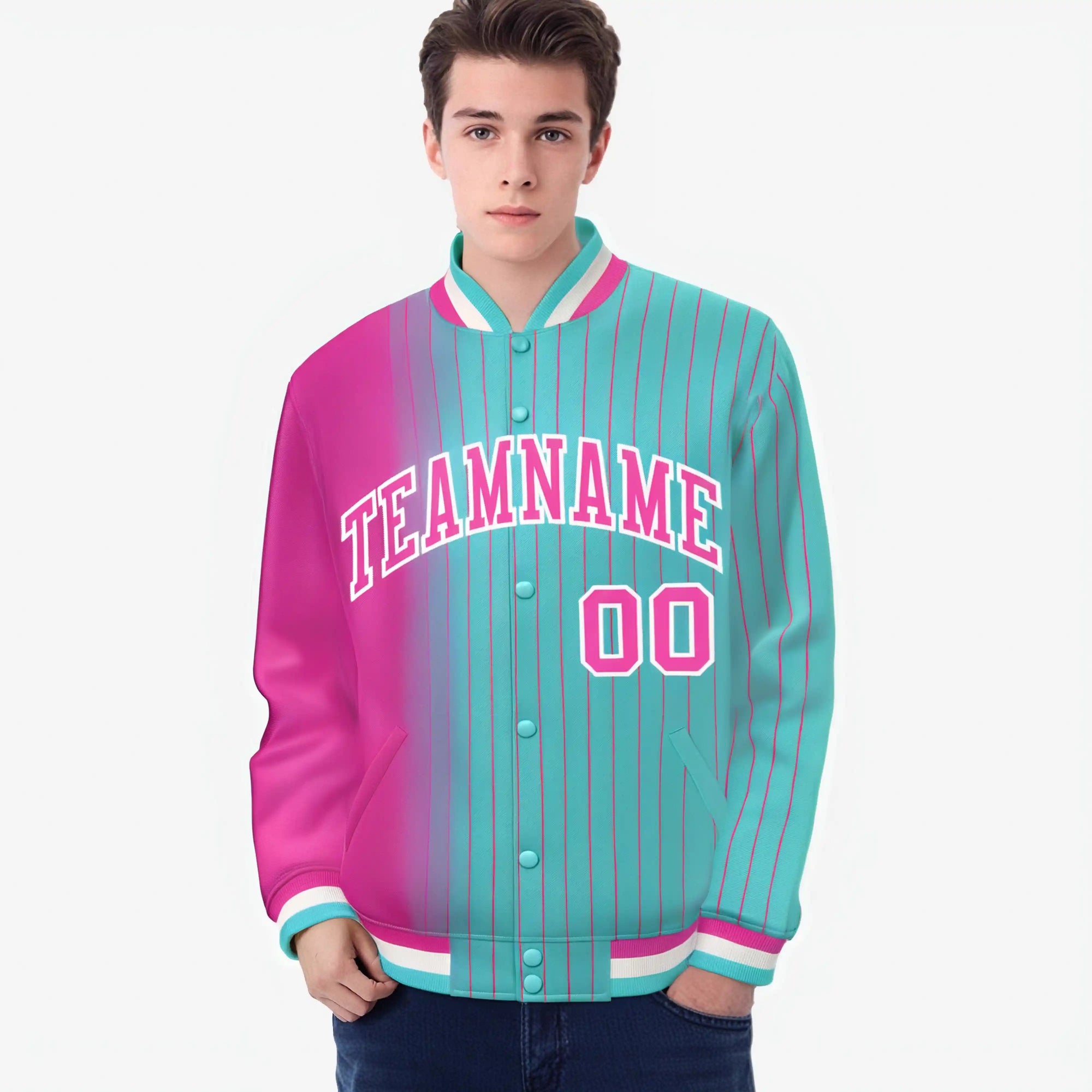 Custom Aqua Pink Pinstripe White-Pink Gradient Fashion Varsity Full-Snap Jacket