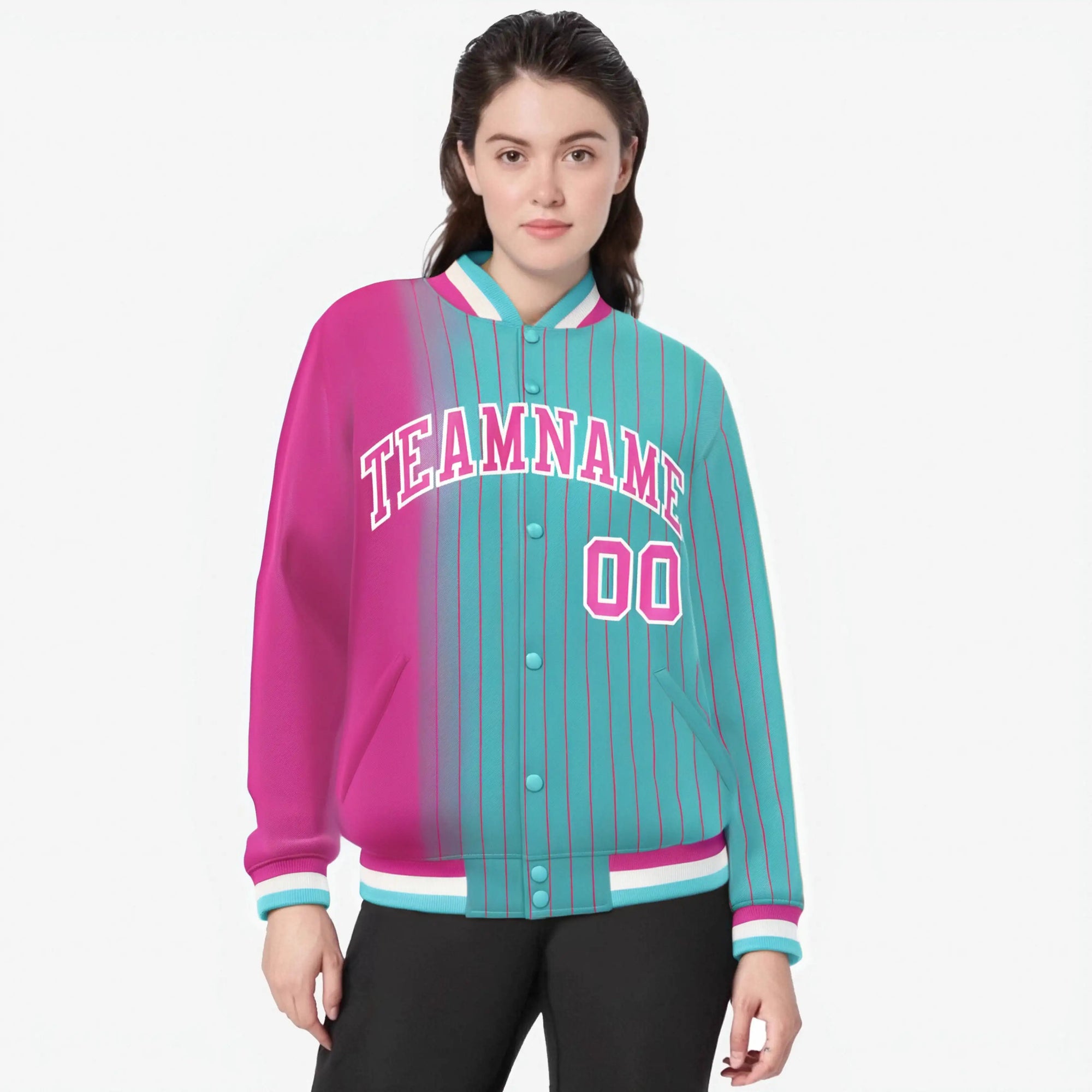 Custom Aqua Pink Pinstripe White-Pink Gradient Fashion Varsity Full-Snap Jacket