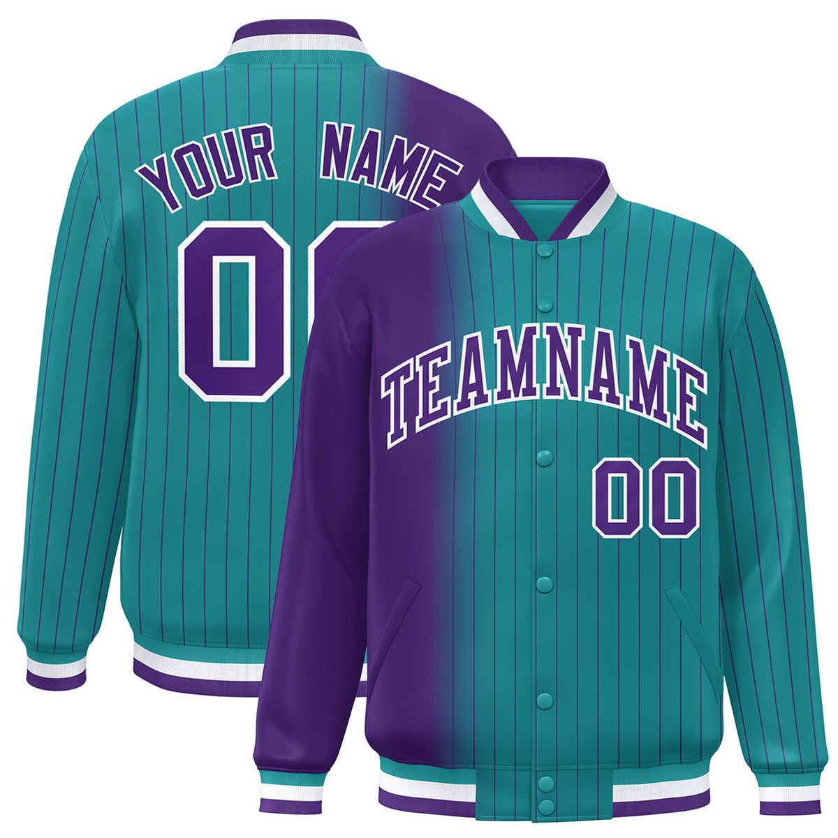 Custom Aqua Purple Pinstripe White-Purple Gradient Fashion Varsity Full-Snap Jacket