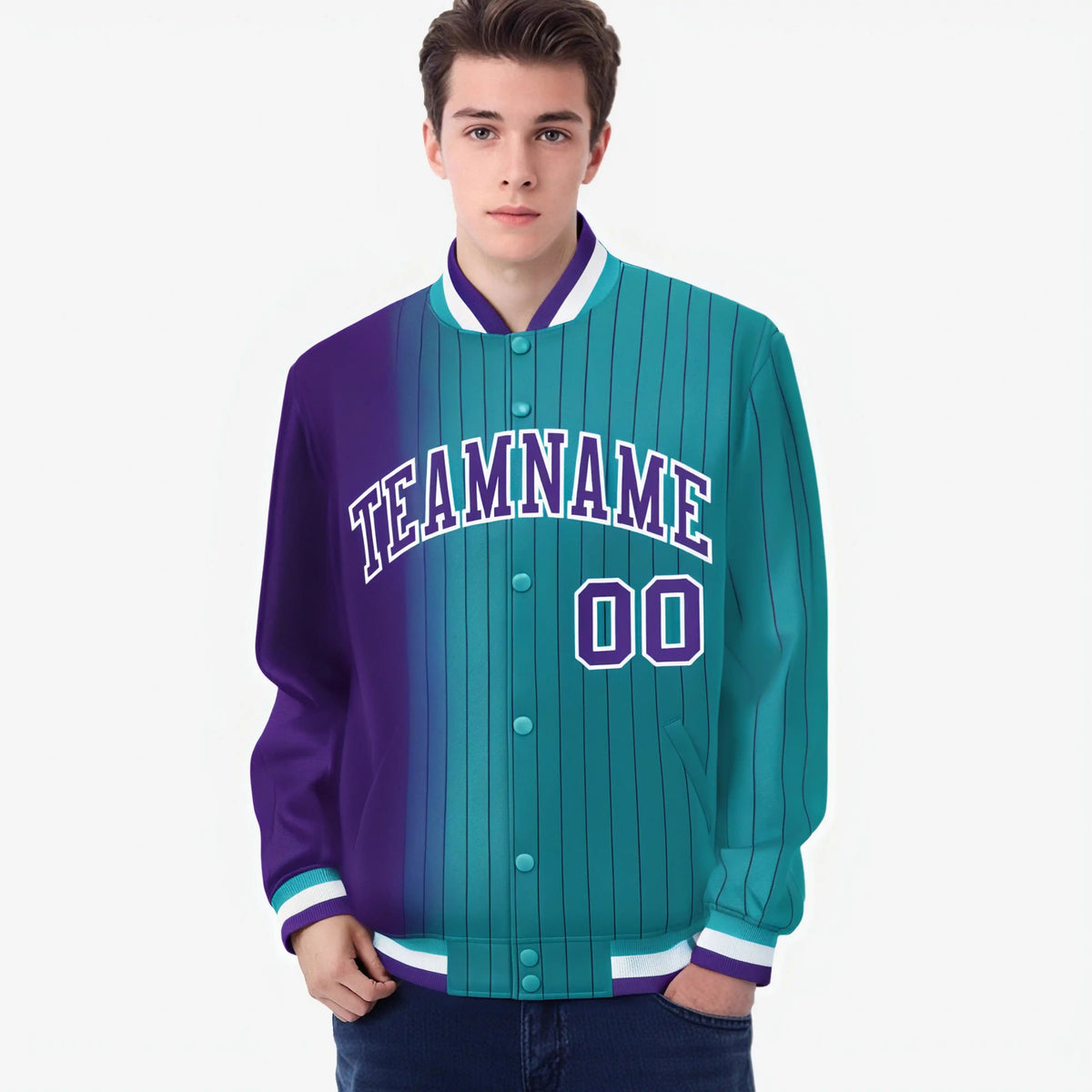 Custom Aqua Purple Pinstripe White-Purple Gradient Fashion Varsity Full-Snap Jacket