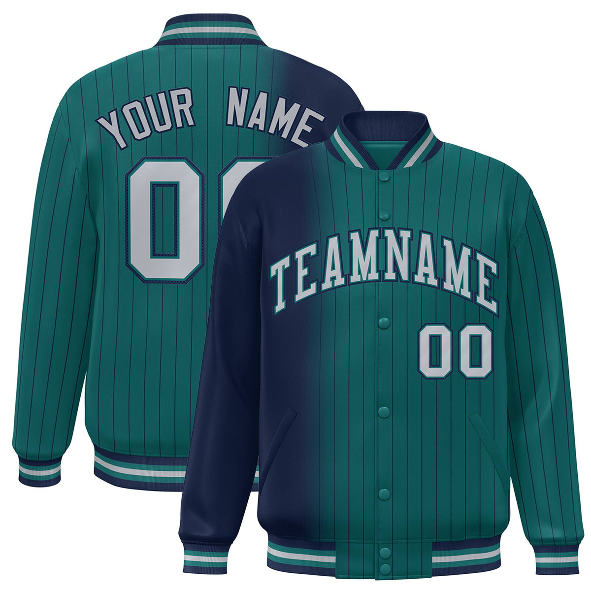 Custom Aqua Navy Pinstripe Gray-Navy Gradient Fashion Varsity Full-Snap Jacket